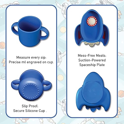 Miniatura 2 de Juego de alimentación para bebés  Silicona de grado alimenticio  Tema astronauta  Apto para microondas y lavavajillas  Placa de succión y cuenco