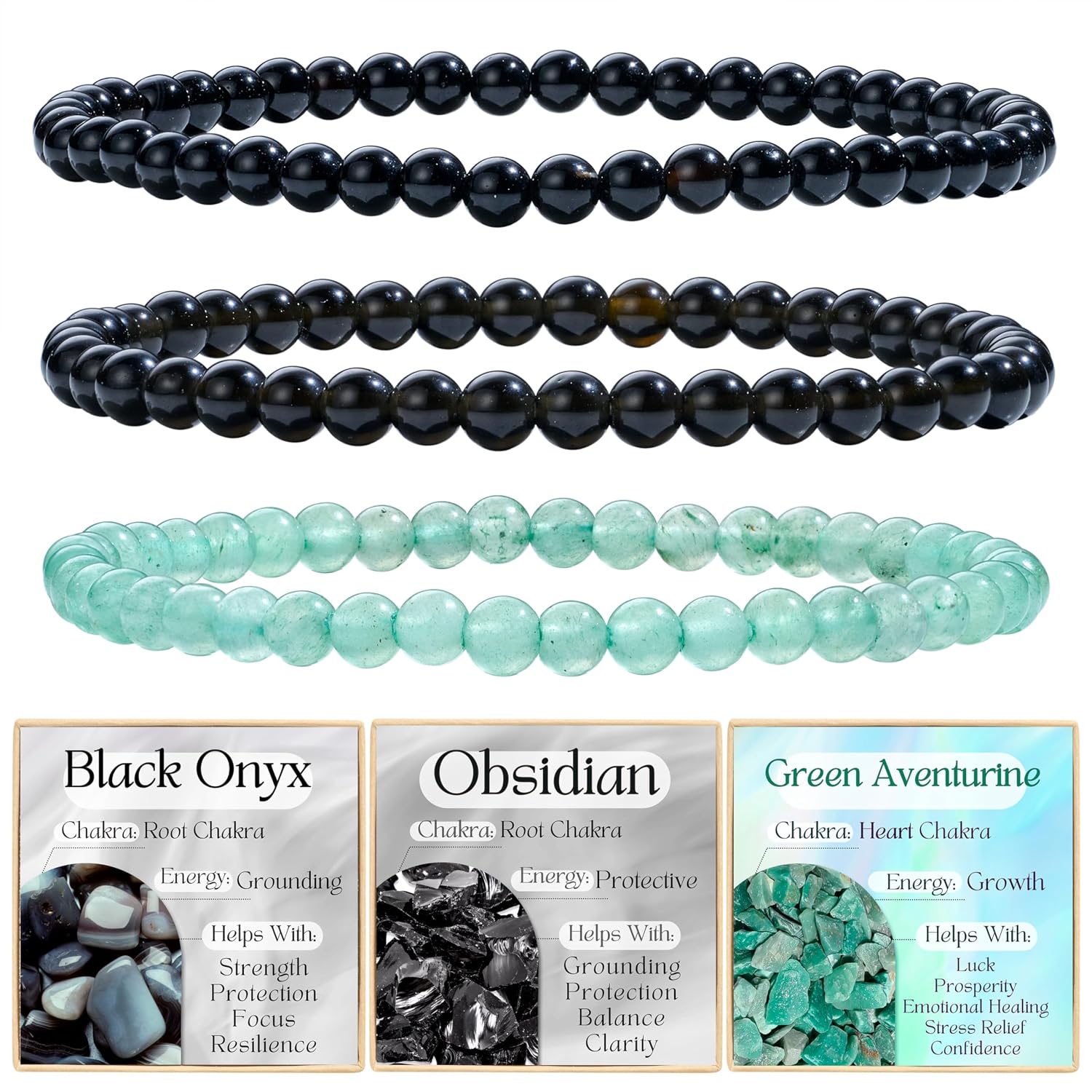 Bivei 3-Piece 4mm Beaded Bracelets for Women Handmade Natural Crystal Stretch Elastic Jewelry Yoga Meditation Protection Gifts