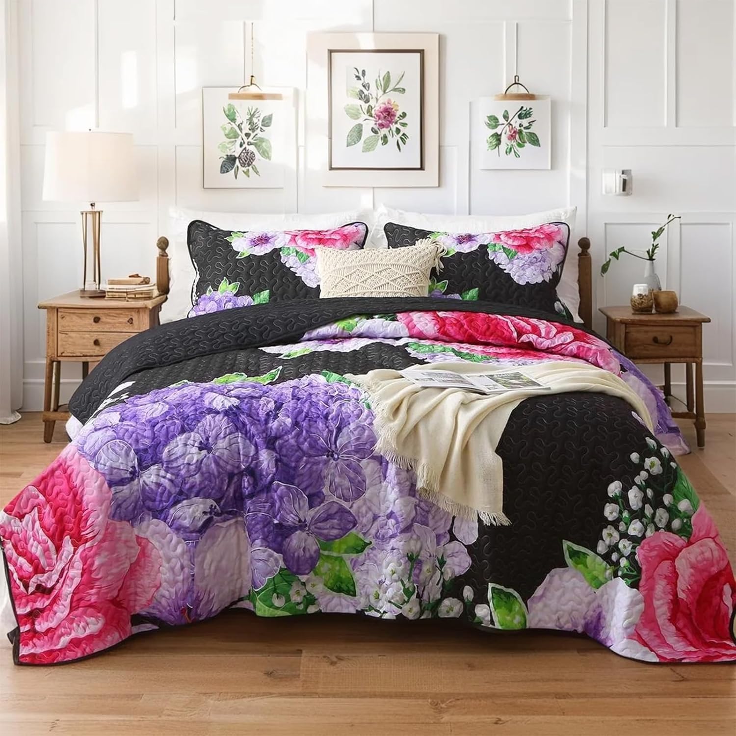 Black Quilt Set Queen Size, 3 Pieces Elegant Floral Bedspread Coverlet Set with 2 Pillow Shams, Soft Microfiber Reversible Quilt Bedding Set for All Season 96"×90"
