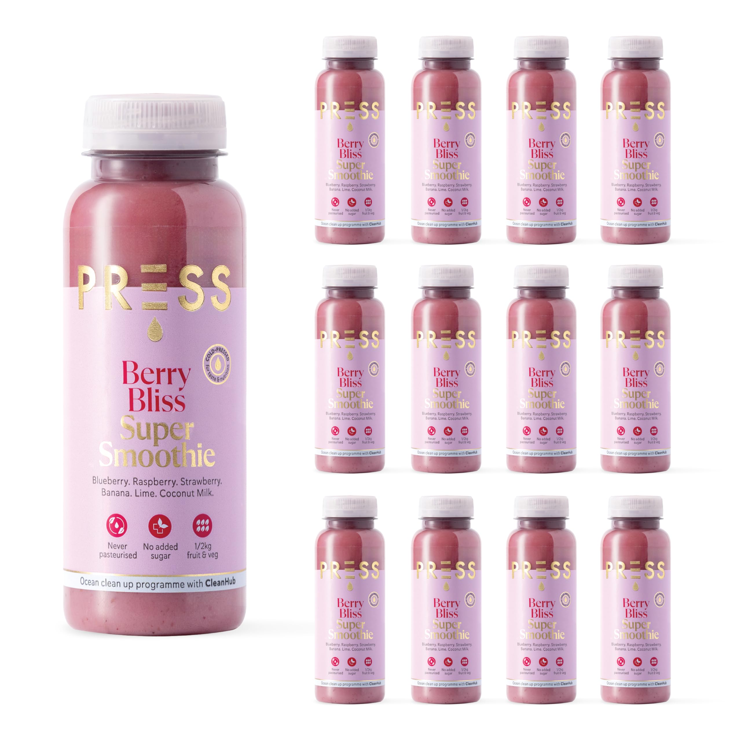 PRESS Healthfoods, 12 x 250ml Berry Bliss Super Smoothie, Cold Pressed Berry Smoothie, Vegan Friendly