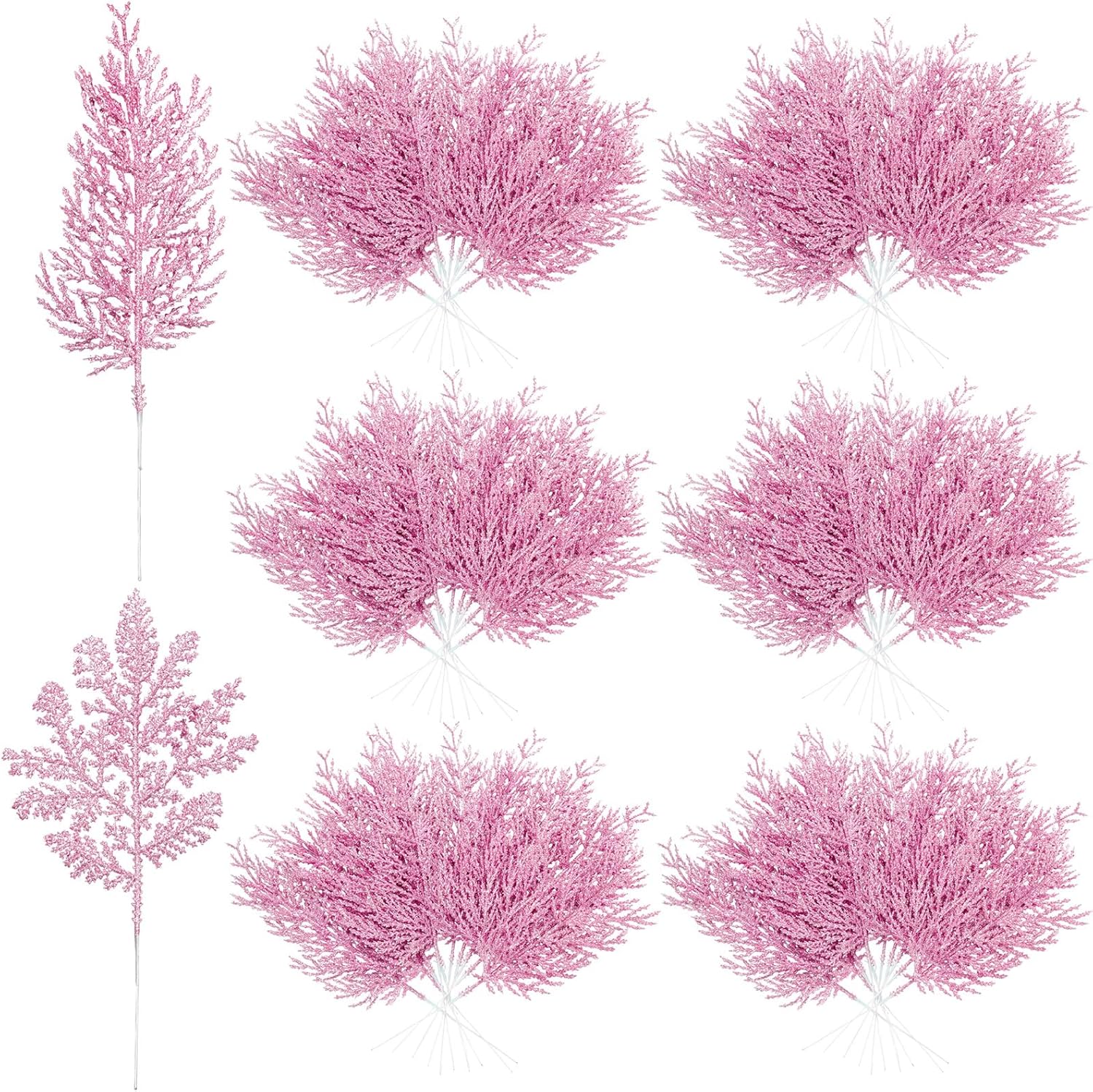 60 Pcs Christmas Tree Picks and Sprays, Glitter Stems and Artificial Glitter Pine Needles, Christmas Tree Filler Decorations for Xmas Trees Wreaths Vase DIY Holiday Party Wedding Home Decor(Pink)