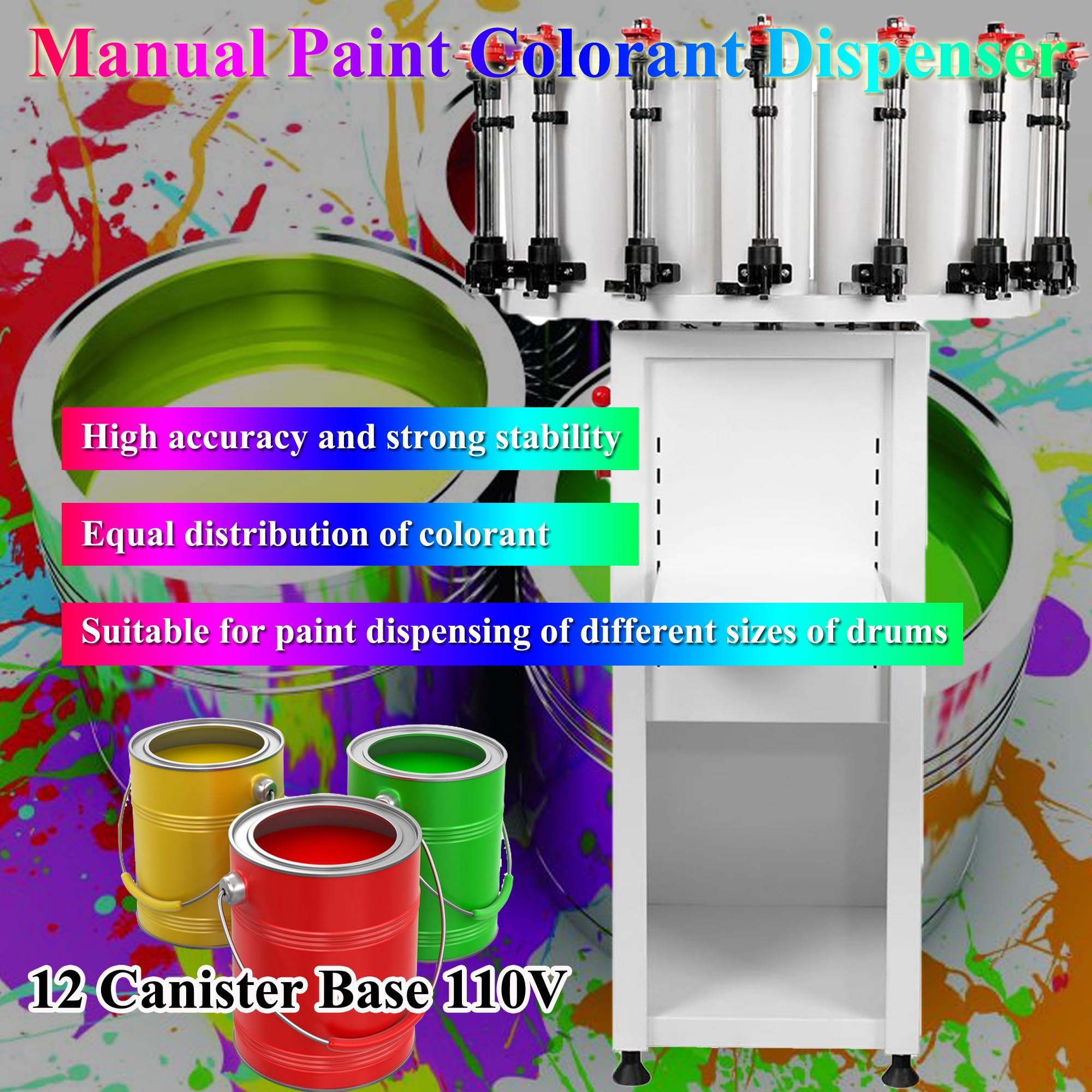 HQHAOTWU Paint Colorant Dispenser 12 Canister Base Manual Paint Shaker Mixer Paint Colorant Mixing Machine 2.3L Drum Capacity for Water and Oil Colorant Multi-Toning Colorant Matching Machine 110V