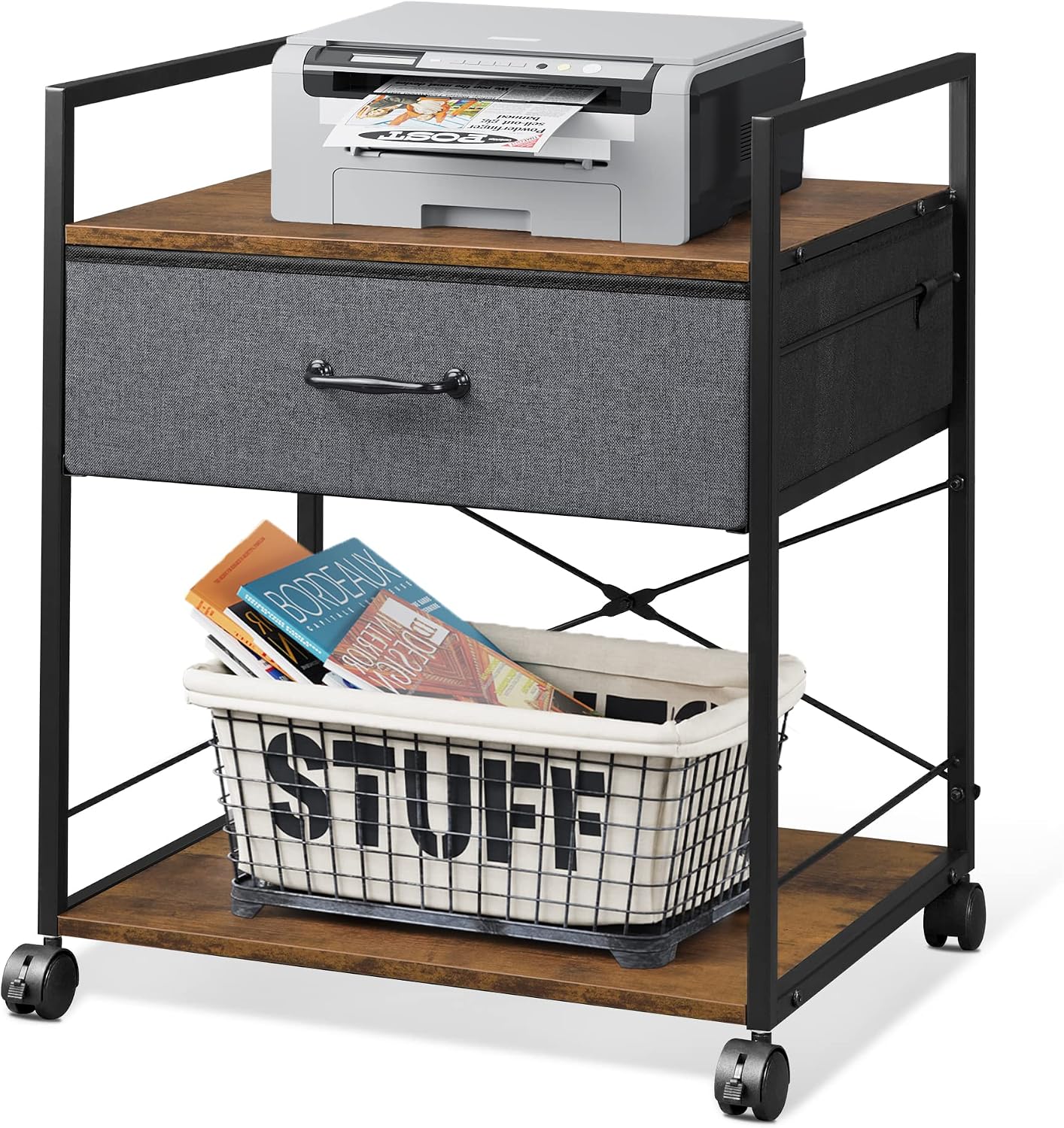 DEVAISE Mobile Printer Stand with Storage Drawer, Vintage Fabric File Cabinet Printer Cart for Home Office, Rustic Brown