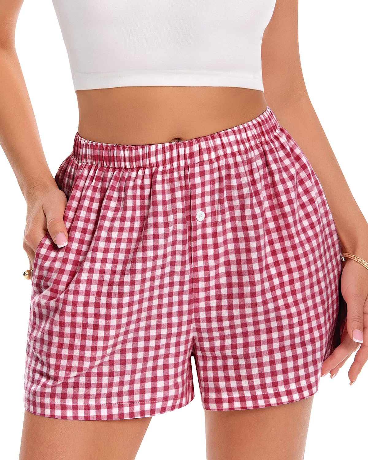 Boxer Shorts for Women Summer Gingham Pajama Casual Plaid Shorts Y2K Beach Bottoms with Pocket-image-10