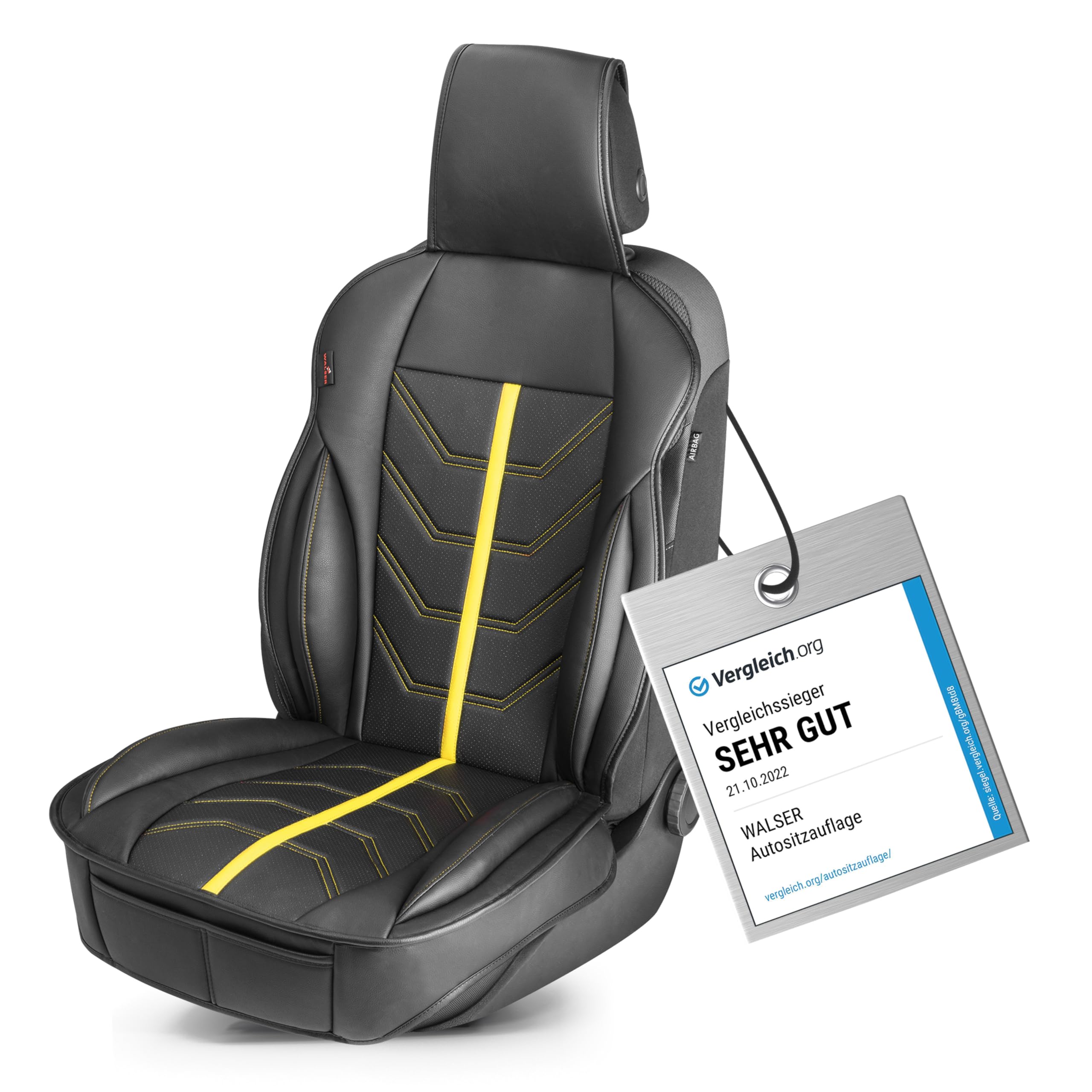 Walser Premium Sitzauflage Auto Kimi, Sitzschoner Auto schwarz/gelb, Vergleichssieger* Auto Sitzauflagen, Sitzbezug Auto Vordersitze, Schonbezug Autositz, Autositzauflage Vordersitze PKW/LKW