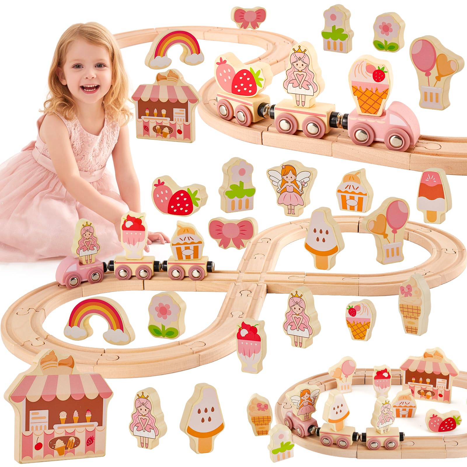 HERSITY Girls Wooden Train Set Railway Toys for 2 Year Olds Princess Gifts