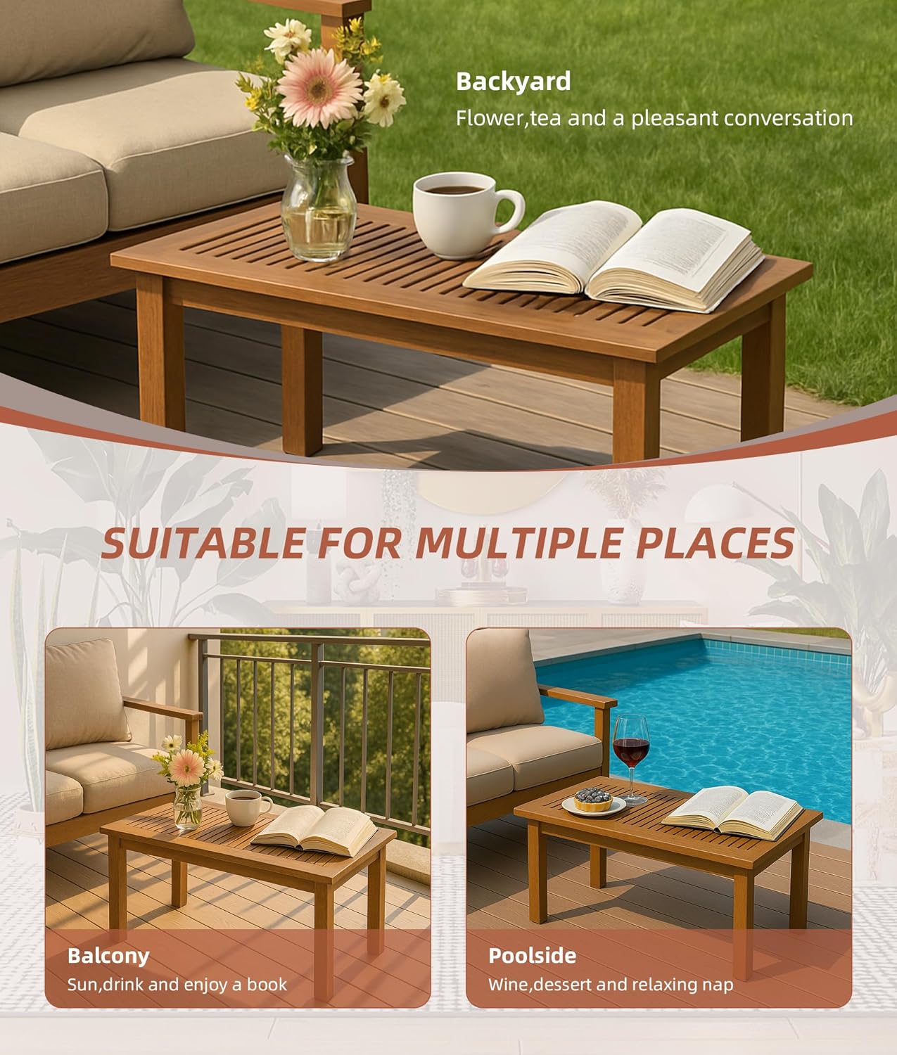 Teak Outdoor Rectangle Table, Weather Resistant Small Outdoor Patio Table for Balcony Poolside Outside
