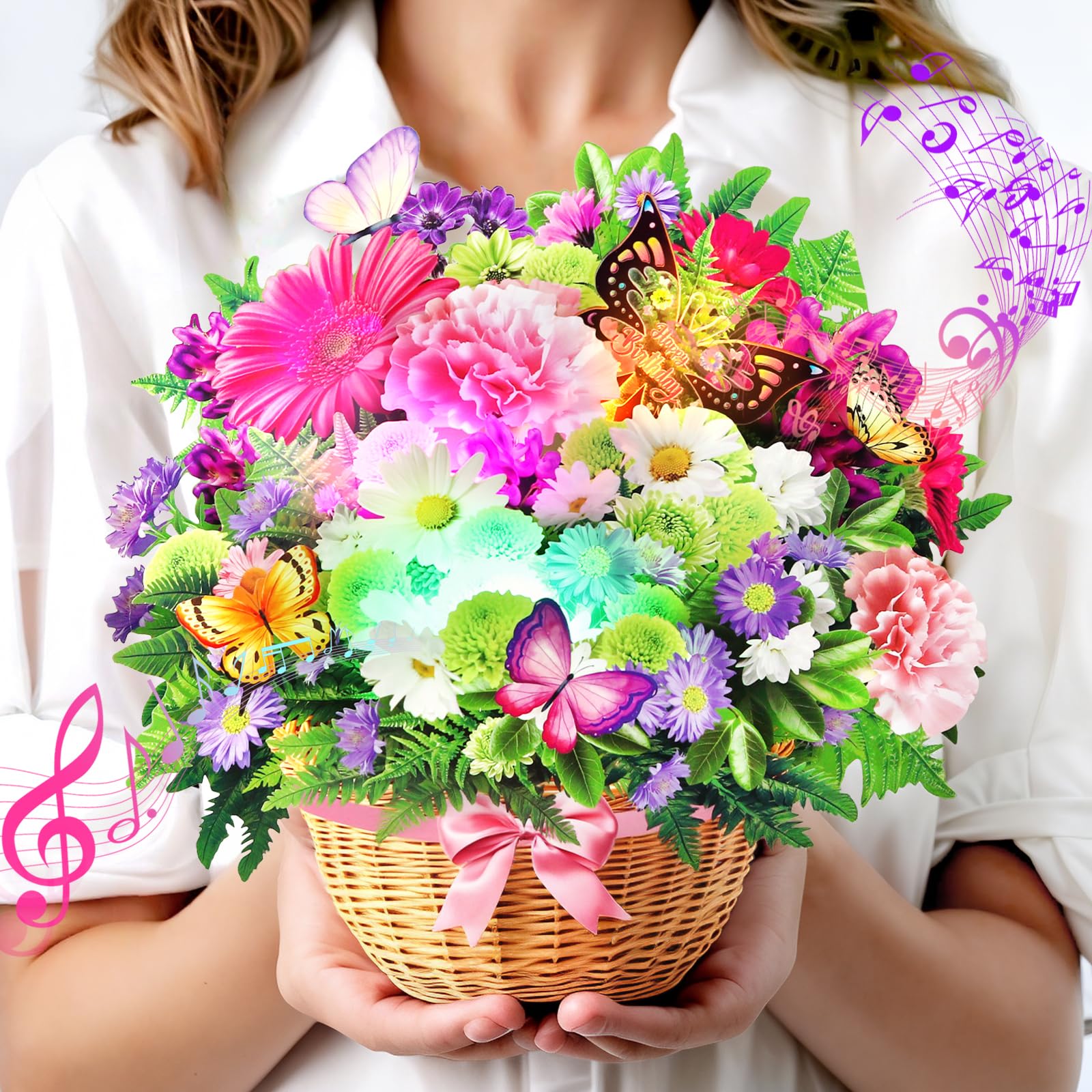 Birthday Cards, Happy Birthday Card with Music and Lights, Daisy and Butterfly, 3D Pop-up Bouquet Birthday Card, Birthday Decorations Greeting Card for Women,Mum,Wife,Daughter