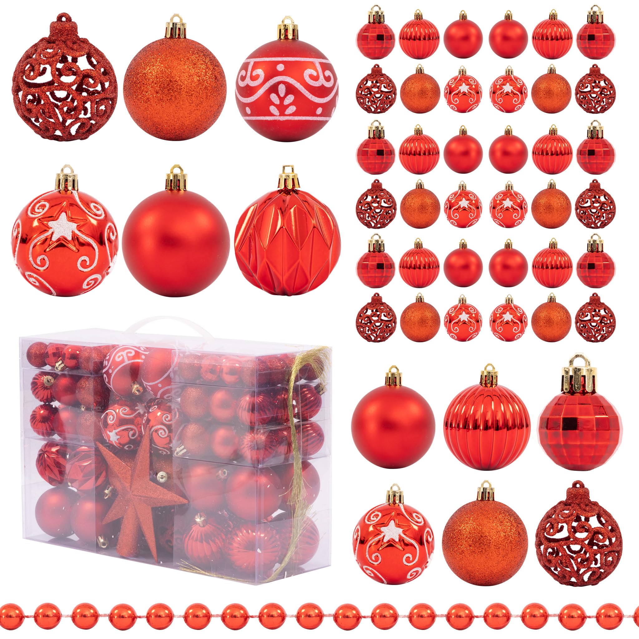 Christmas Tree Decoration Set 100 Pieces - Baubles, Star Topper & Bead Garland - Glitter, Matte & Metallic Ornaments (Red)