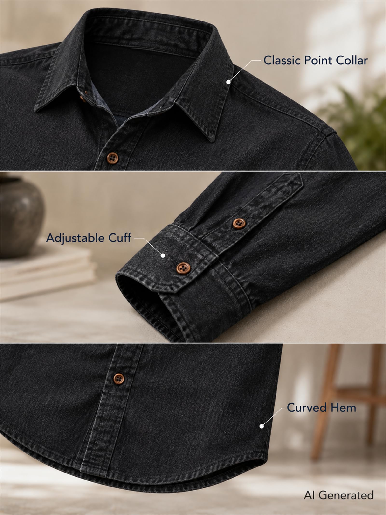 Camicia casual da uomo in denim, a maniche lunghe, con bottoni, vestibilità