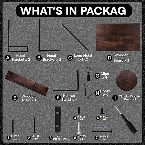 Miniatura 7 de Soporte de pared para casco de motocicleta, soporte rústico para casco con 4 soportes para sombreros y 2 estantes de madera, accesorios de