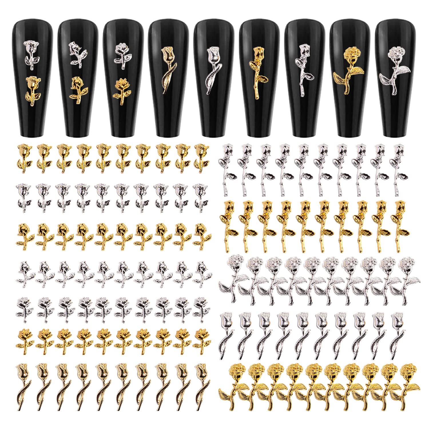 WOKOTO 120pcs 3d Rose Nail Charms Metal Nail Flowers Charms 3d Flowers For Nails Jewelry For Acrylic Nails Gold Silver Rose For Nail Art 3d Flower Charms Nail Jewels For Women Girls Nail 3d Charms KIT1 120 rose charms