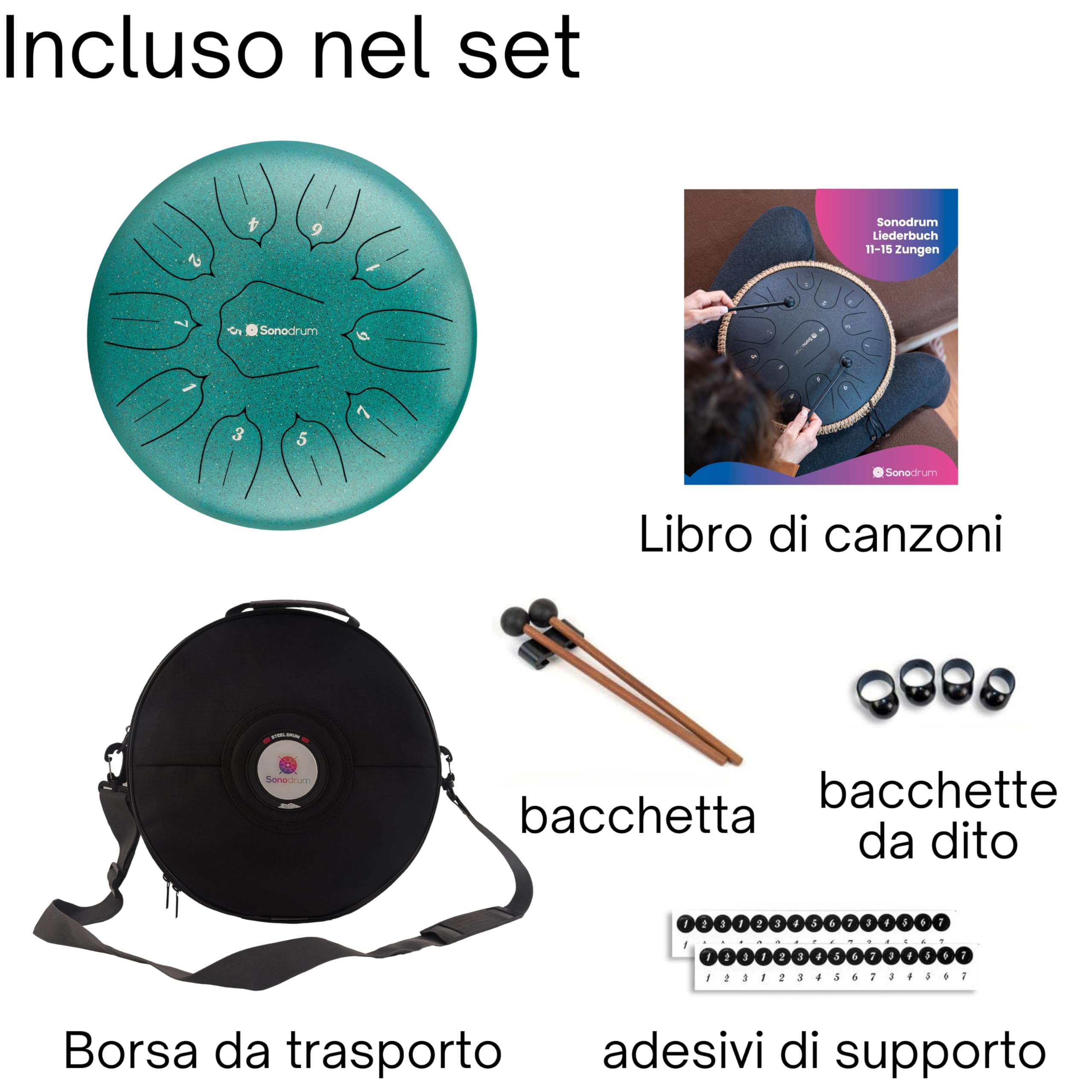 tamburo a lingua d'acciaio 'Standard' in Re Maggiore, verde - 30 cm con 11 note - steel tongue drum con canzoniere, mazzuoli, fingersticks e borsa da trasporto. Senza leggere le note.