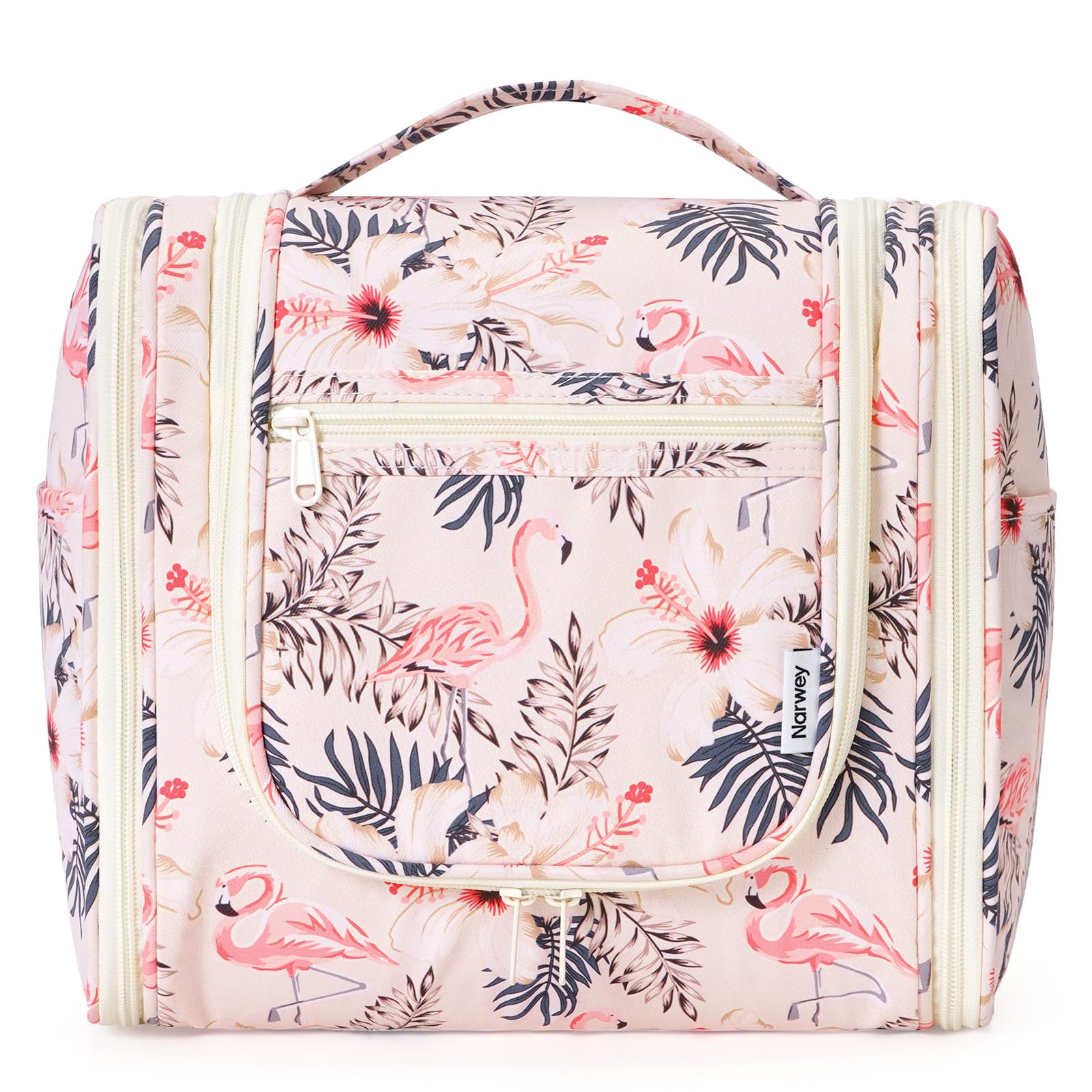 Narwey Hanging Toiletry Bag for Women Travel Makeup Bag Organizer Toiletries Bag for Cosmetics Essentials Accessories (Large, Beige Bird)