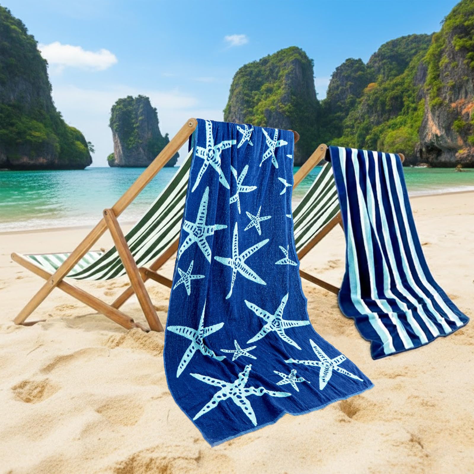 Casa Copenhagen Miami Towel 2Pcs Starfish Navy - Navy Stripe Designer Stripe Beach Towels Gift Set, 76x152 cm, Oversized 100%Cotton Pool Bath Towel for Beach Gift Set (Summer Gift Set For Women & Men)