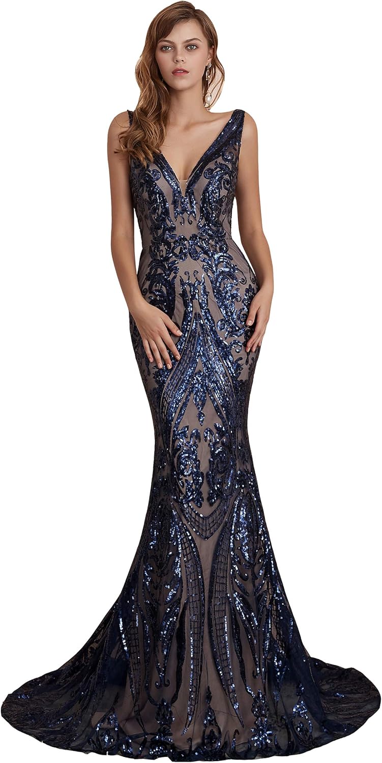 Women's Double V-Neck Sequins Lace-up Mermaid Evening Dress