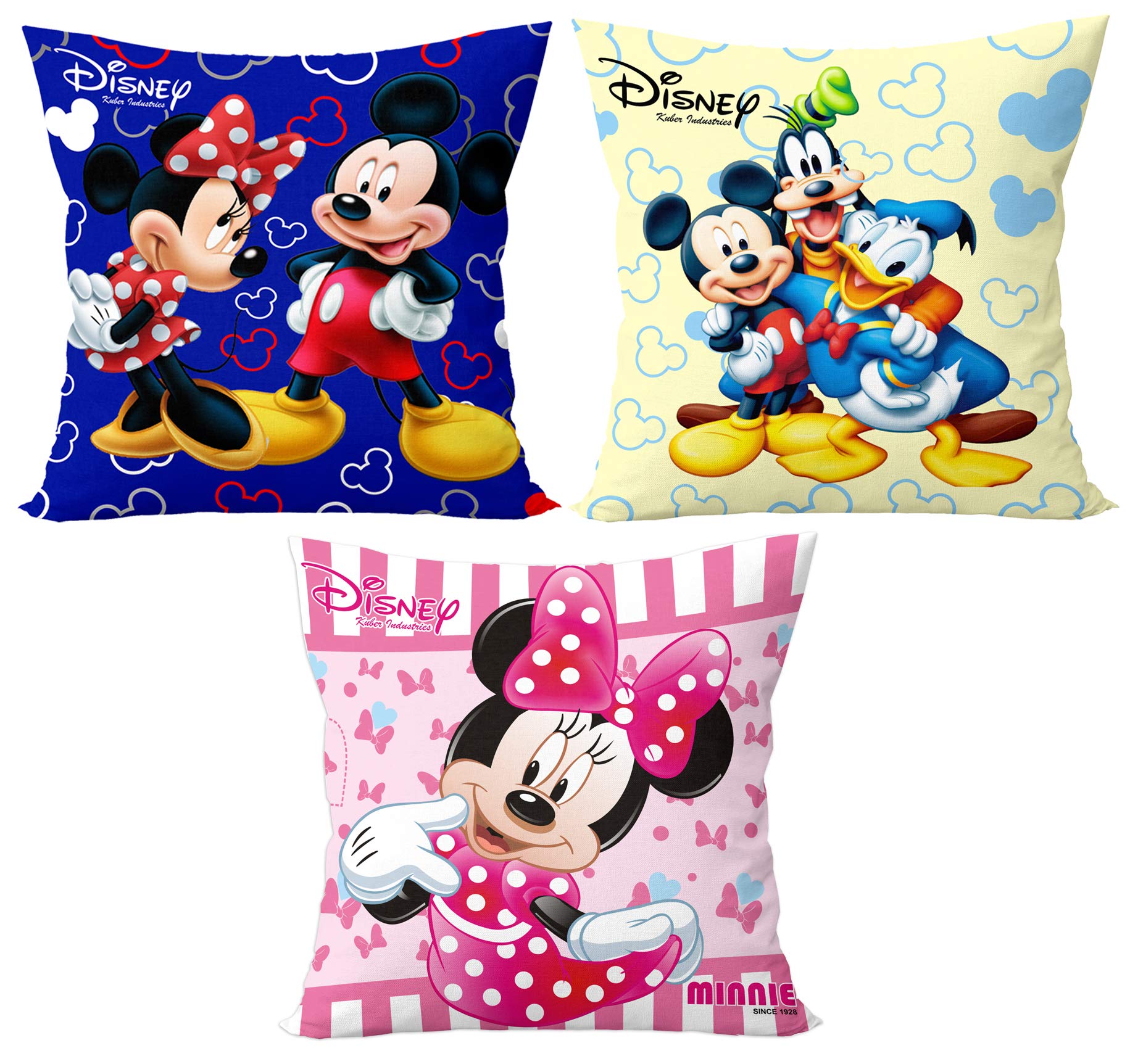 Kuber Industries Disney Printed Microfiber Filled Floor Cushion, Decorative Throw Pillow, Home Decor Pillow, Sofa/Bed Cushion,16"x16"(Blue & Pink & Cream)-Pack of 3-KUBMART15898, Standard