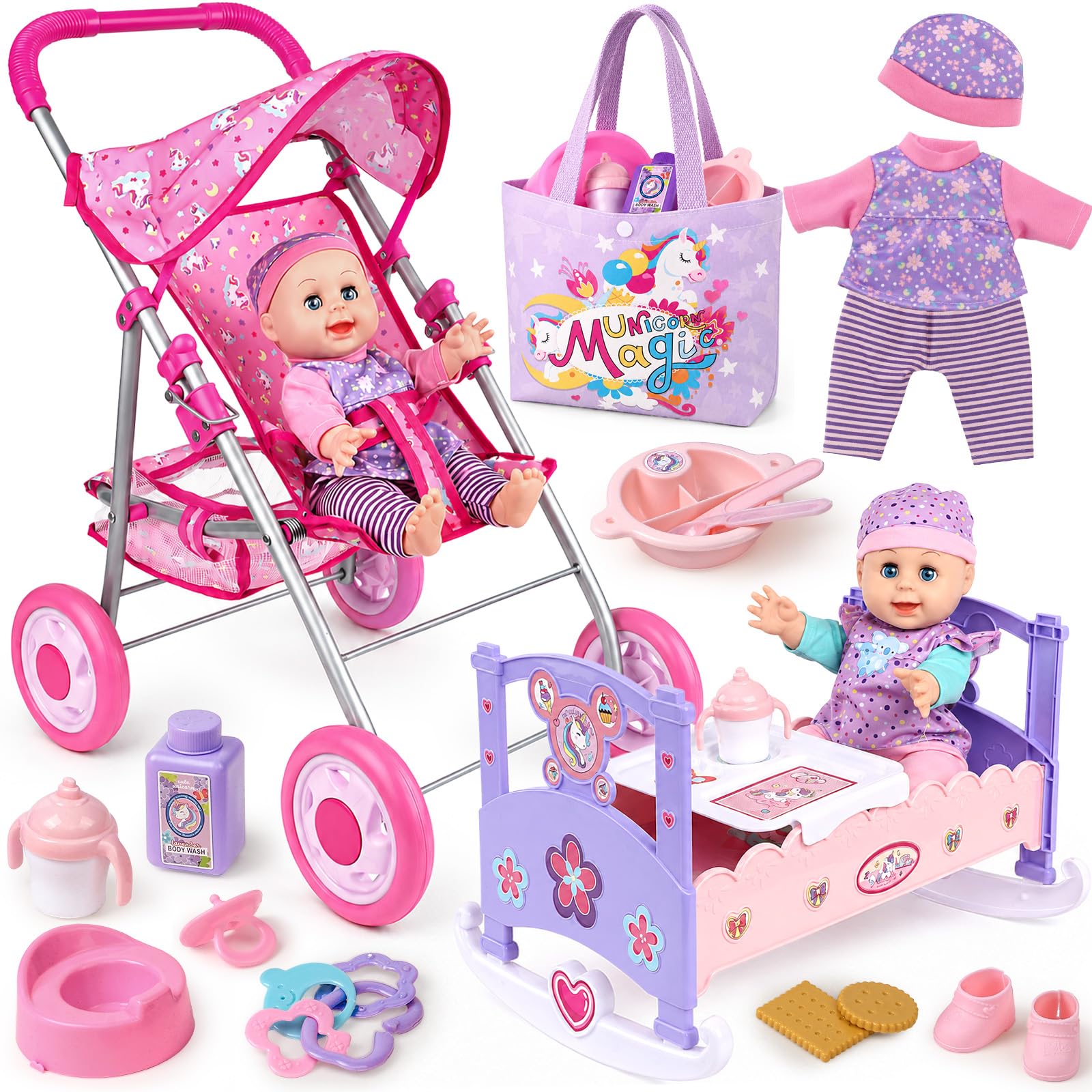 Baby Doll Set with 12 in Doll, Baby Doll Stroller, Doll Pram, Doll Bed