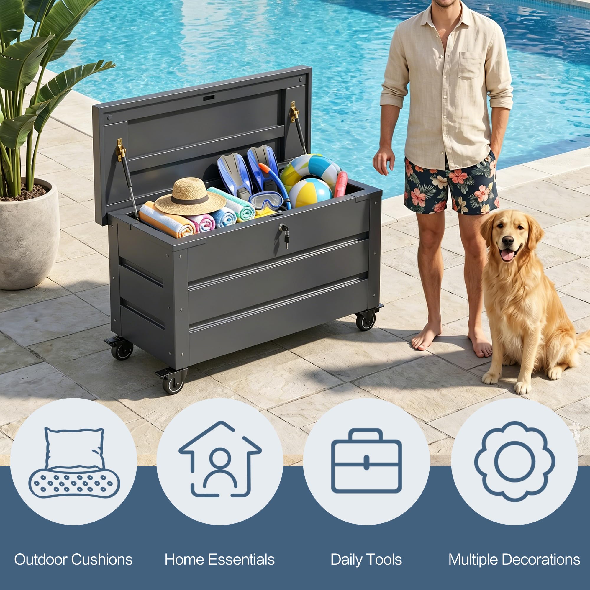 Caja de jardín de metal con ruedas y cerraduras 530 l | caja de cojín para exteriores para el jardín con revestimiento resistente a la corrosión,Caja de almacenamiento al aire libre