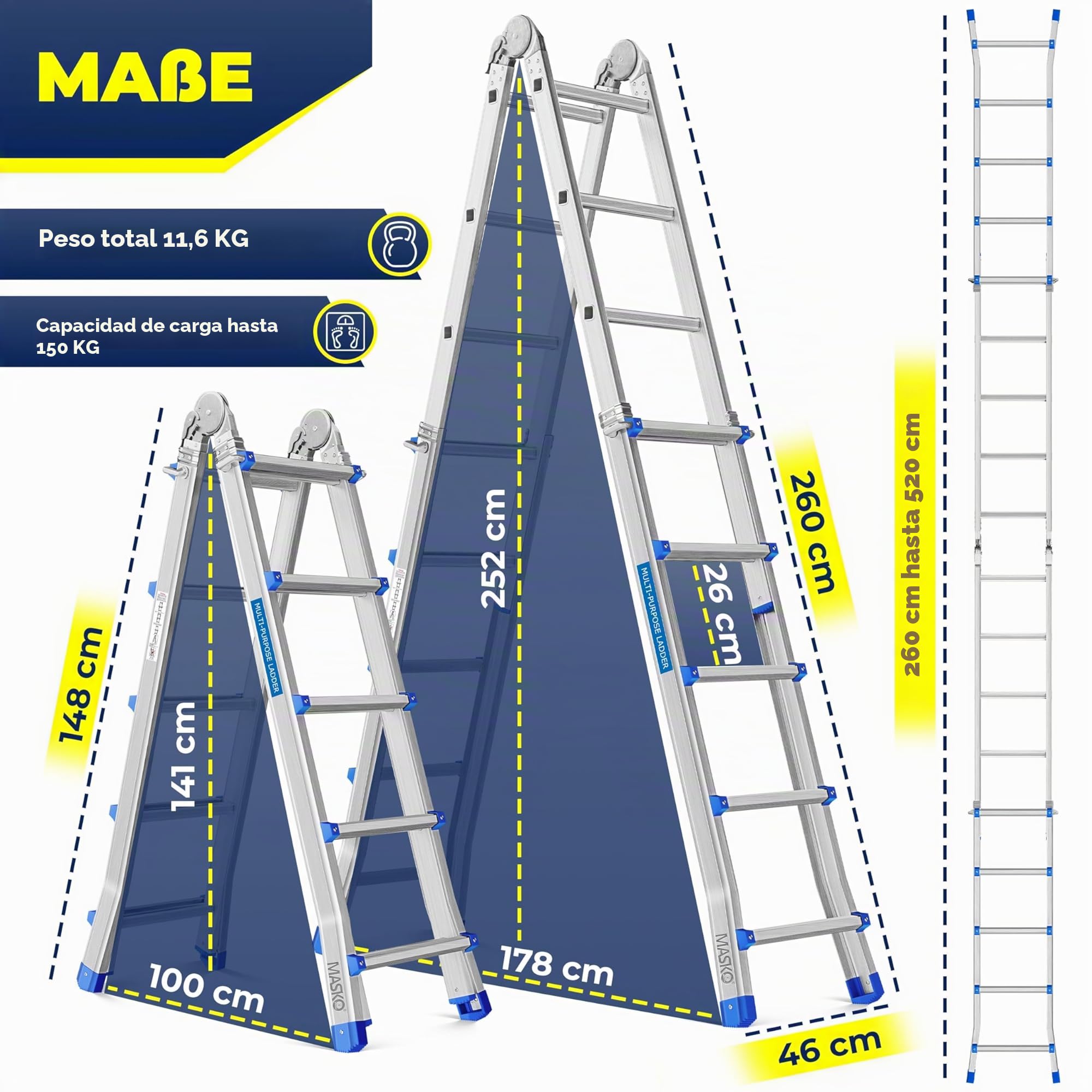 MASKO® Escalera de Aluminio multifunción 5,10m 4x5 peldaños Escalera telescópica ✓ Escalera multifunción ✓ Escalera Plegable Escalera de Caballete Escalera Extensible Escalera de Tijera de Doble Cara