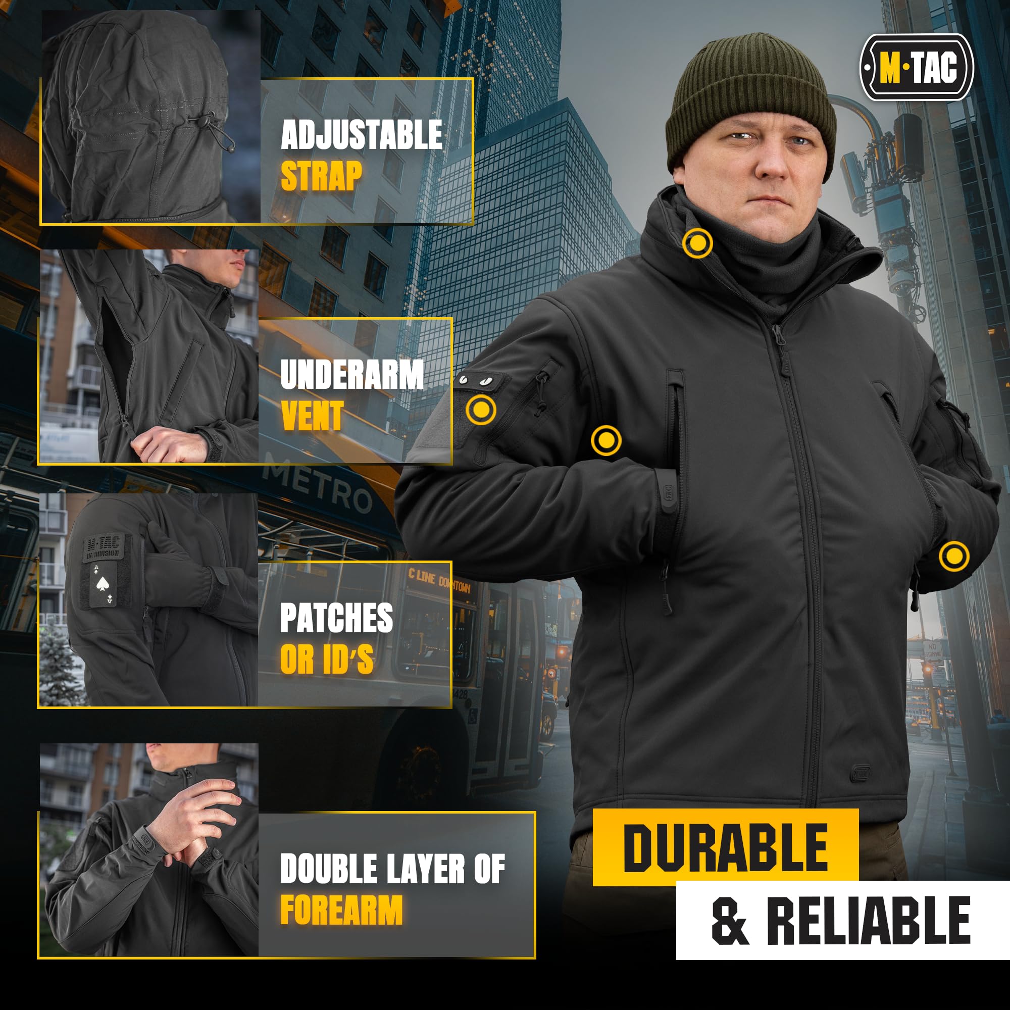 M-Tac Taktische Jacke mit Kapuze, Fleece-gefüttert, wasserabweisende Softshell-Jacke für Herren