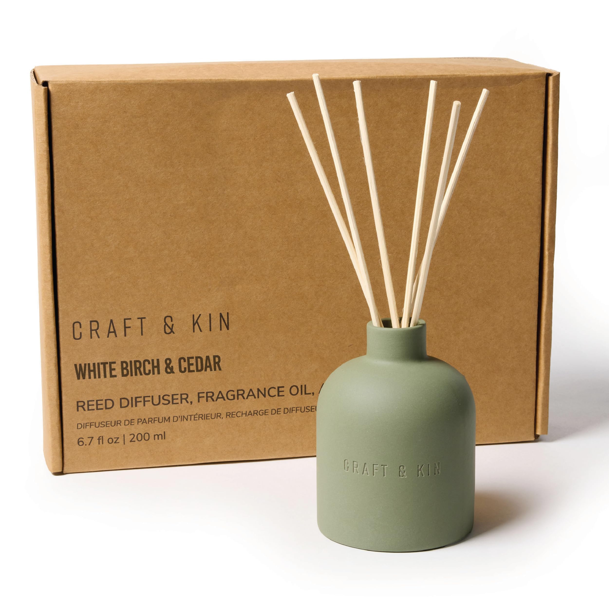 Craft & Kin Reed Diffuser Set - White Birch & Cedar, 6.7oz | Alcohol-Free, Essential Oils Reed Diffusers for Home with Stick - Earthenware Collection