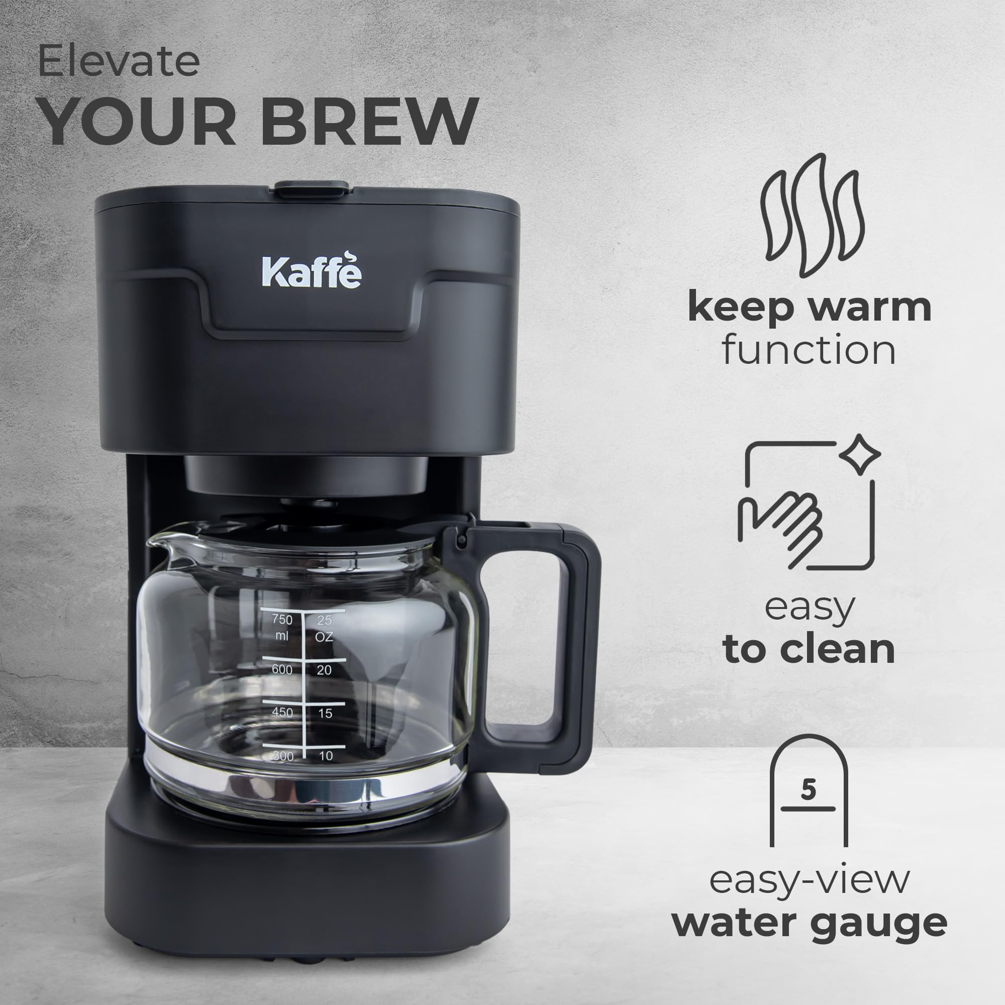 Kaffè Cafetera (750 ml) – Función de mantener caliente, lavable y filtro de cesta extraíble – Compatible con filtros tamaño 2 para verter sobre café – Tanque de agua de fácil visión – Negro mate