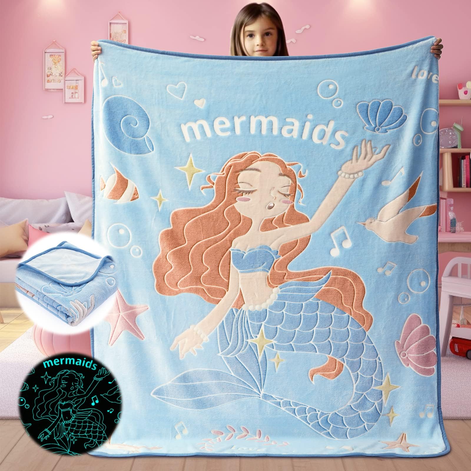 Glow in The Dark Mermaid Blanket Throw Gifts for Girls Kid Blankets Super Soft 3 4 5 6 7 8 9 10 Year Old Girl Gift Ideas Girls Toys Age 6-8 Mermaid Toys Birthday Halloween 50"x 60"