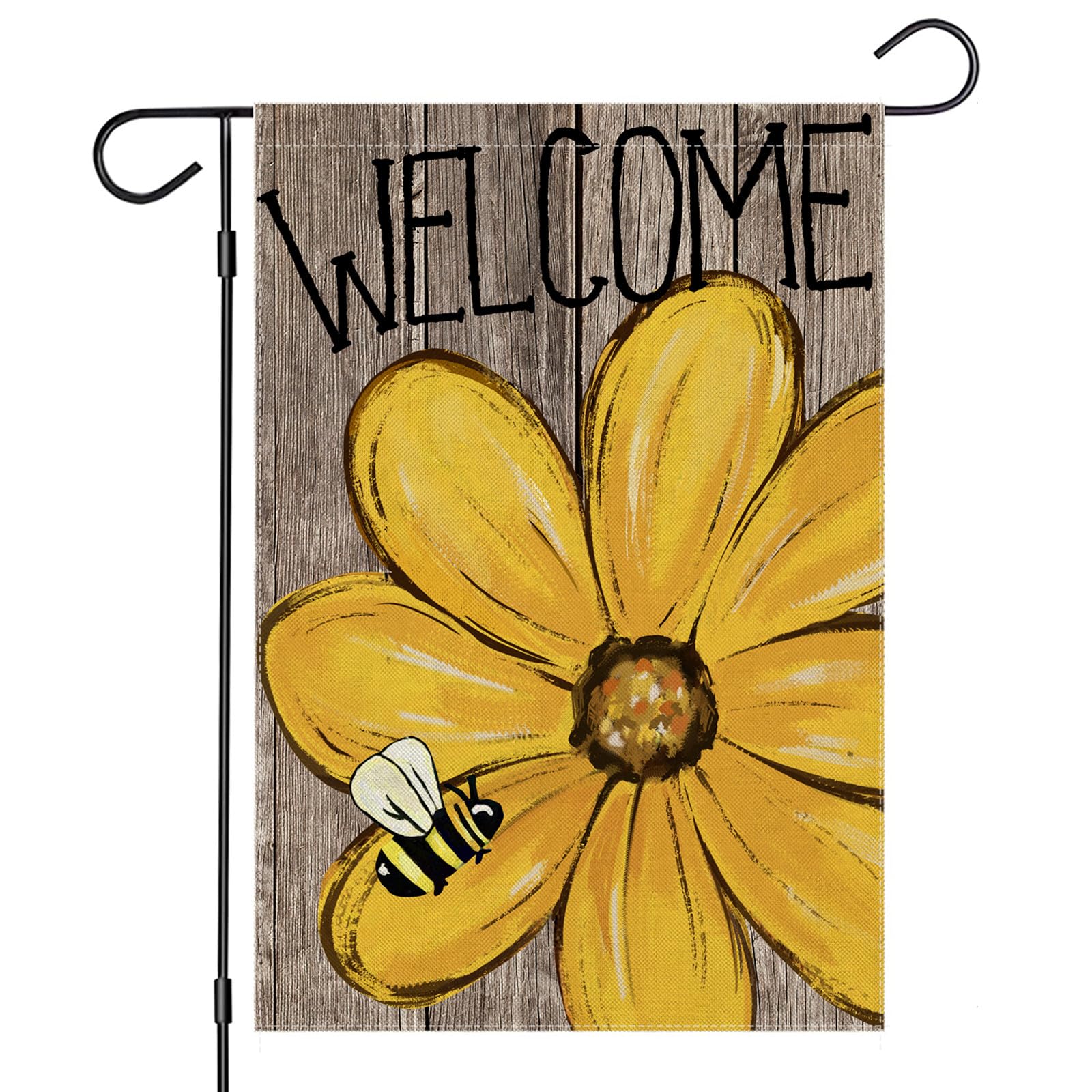 Welcome Summer Garden Flags for Outside, Watercolor Daisy with Bee Brown Wood Grain Yard Decoration, Small Seasonal Outdoor Decor for Spring Farmhouse Holiday,12x18 Inch Double Sided
