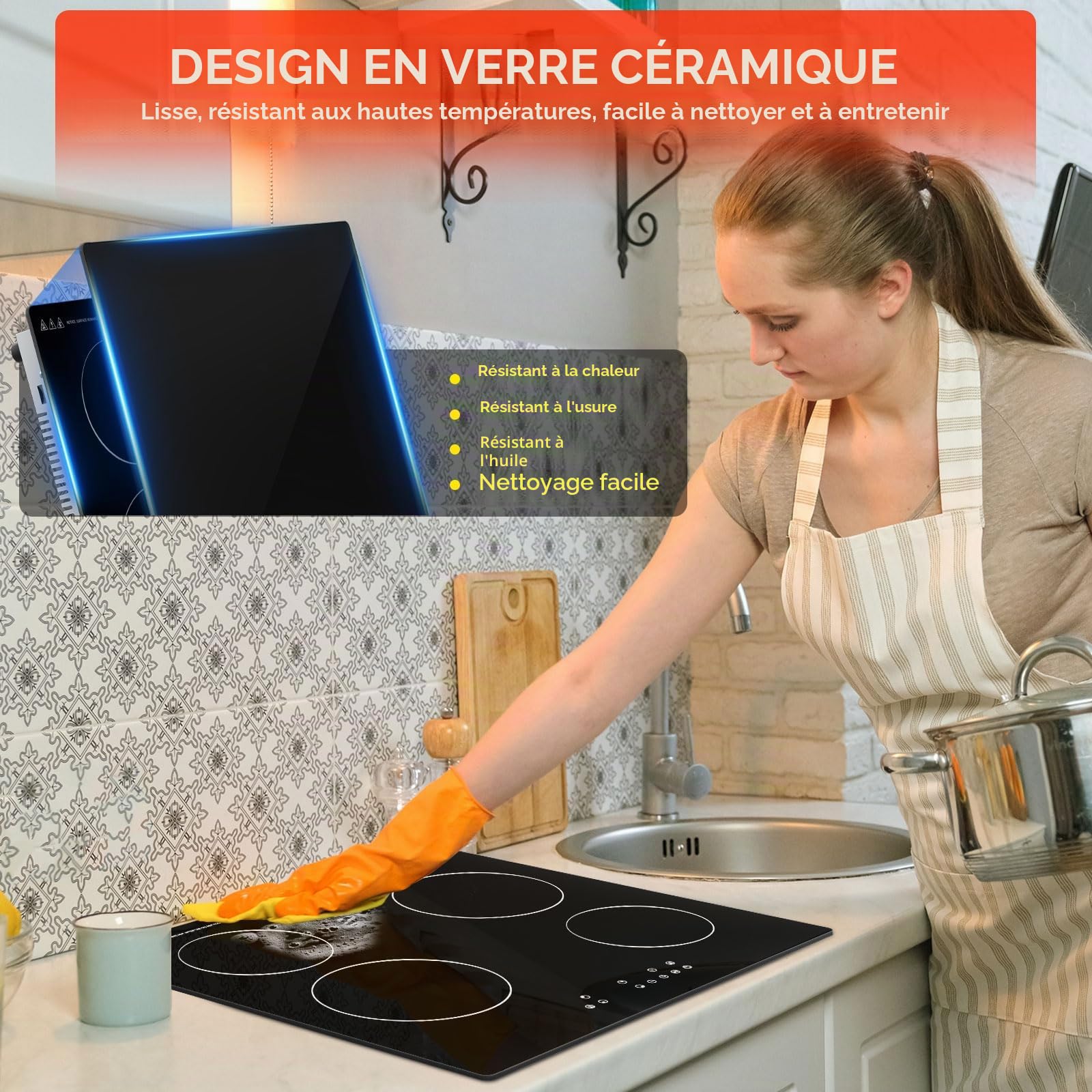 Plaque Vitrocéramique 4 Feuxs Encastrable, Plaque 6000W avec 9 Niveaux de Puissance, Maintien au Chaud, Minuterie, Contrôle Tactile, Sécurité Enfants Pour Toutes les Casseroles