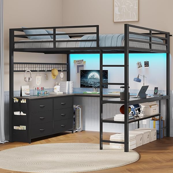 ADORNEVE Loft Bed Full Size with U-Shaped Desk, 6 Storage Drawers, Power Outlet, LED Metal Loft Bed with 2 Storage Shelv
