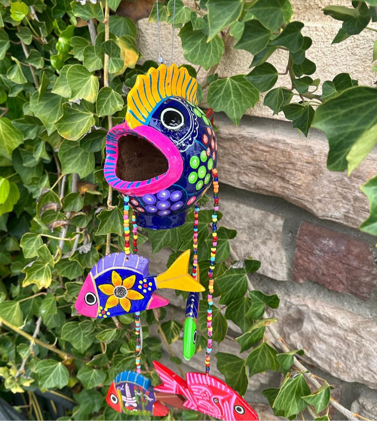 Handmade Mexican Pottery Fish Mobile - Vibrant Colors, 6x6 Inches with 15-Inch Dangling Fish