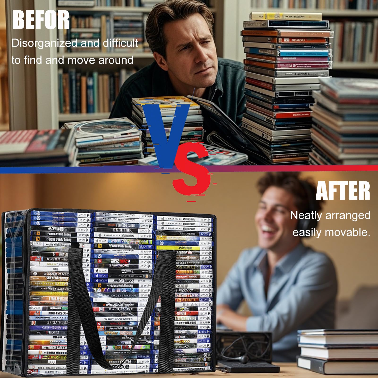 Sacchetti per DVD, confezione da 3 sacchetti trasparenti per 210 DVD o 270 custodie Blu-ray (70, 90 ciascuna), organizer in plastica ispessita con manici rinforzati per riporre supporti