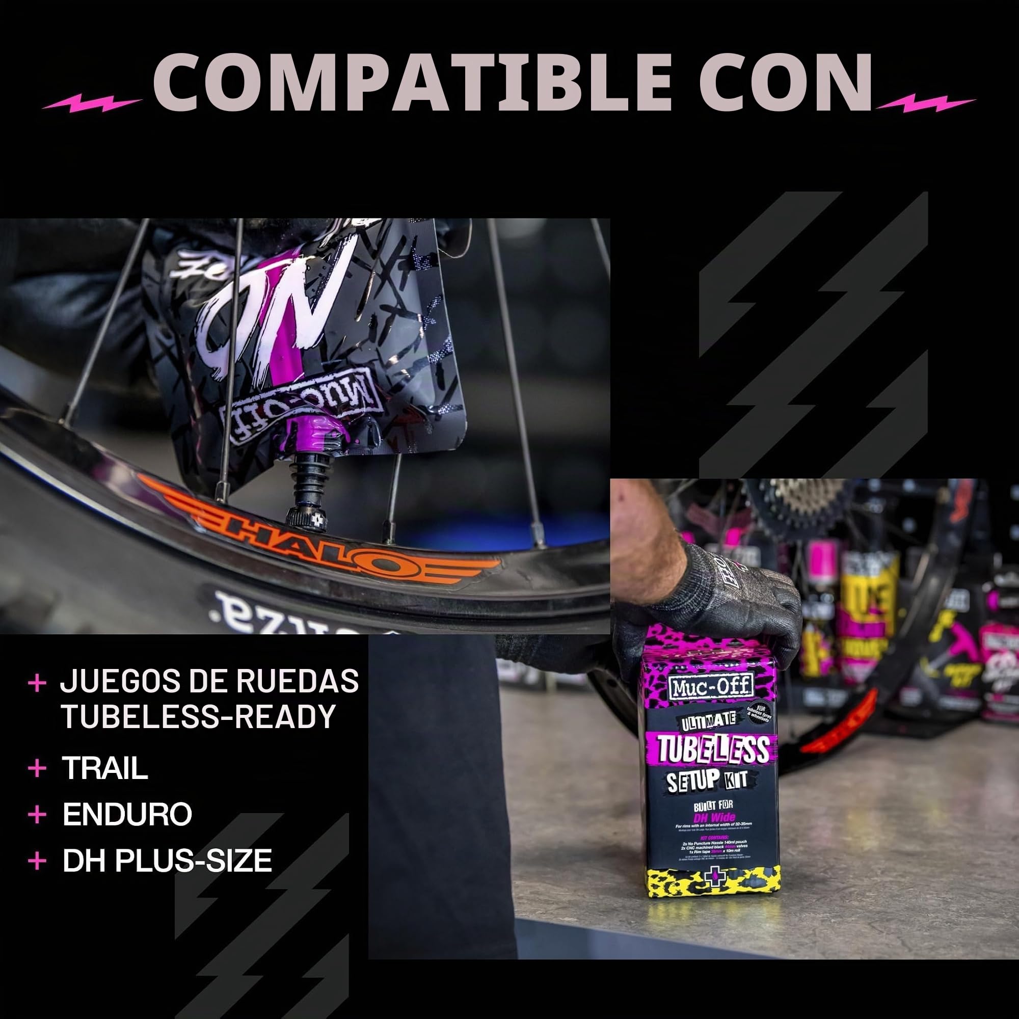 Muc-Off Ultimate Tubeless Setup Kit - Kit Sellador de Neumáticos para Reparación de Rueda de Bicicleta Tubeless, DH Wide - Incluye Fondo de Llanta, Parches, Válvulas y Sellador de Ruedas
