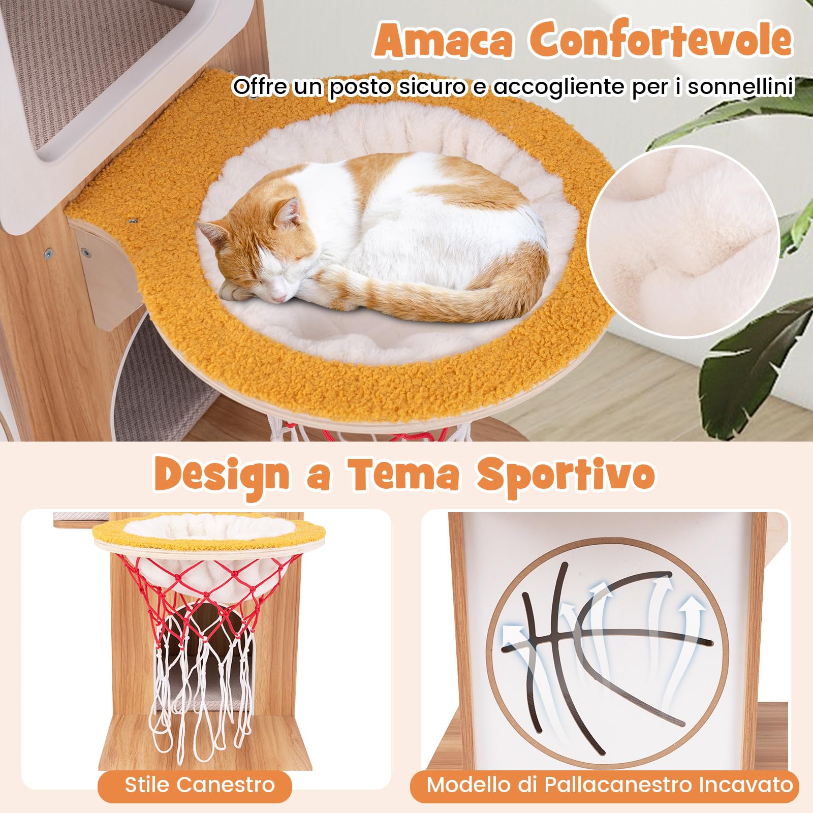GYMAX Albero Tiragraffi per Gatti, 78 x 35 x 120 cm, Torre a 4 Livelli a Tema Sportivo con 2 Casette per gatti, Piattaforme, Amaca Canestro, Pali Tiragraffi in Iuta, Cuscini Rimovibili e Lavabili