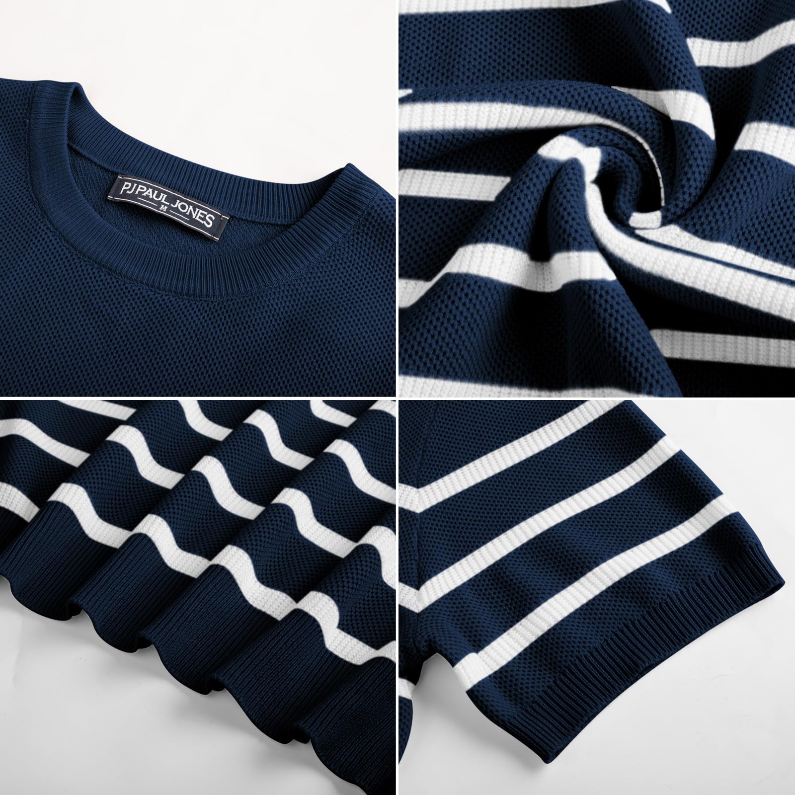 PJ PAUL JONES Camiseta de punto para hombre, casual, cuello redondo, a rayas, manga corta, texturizada, camisa de punto