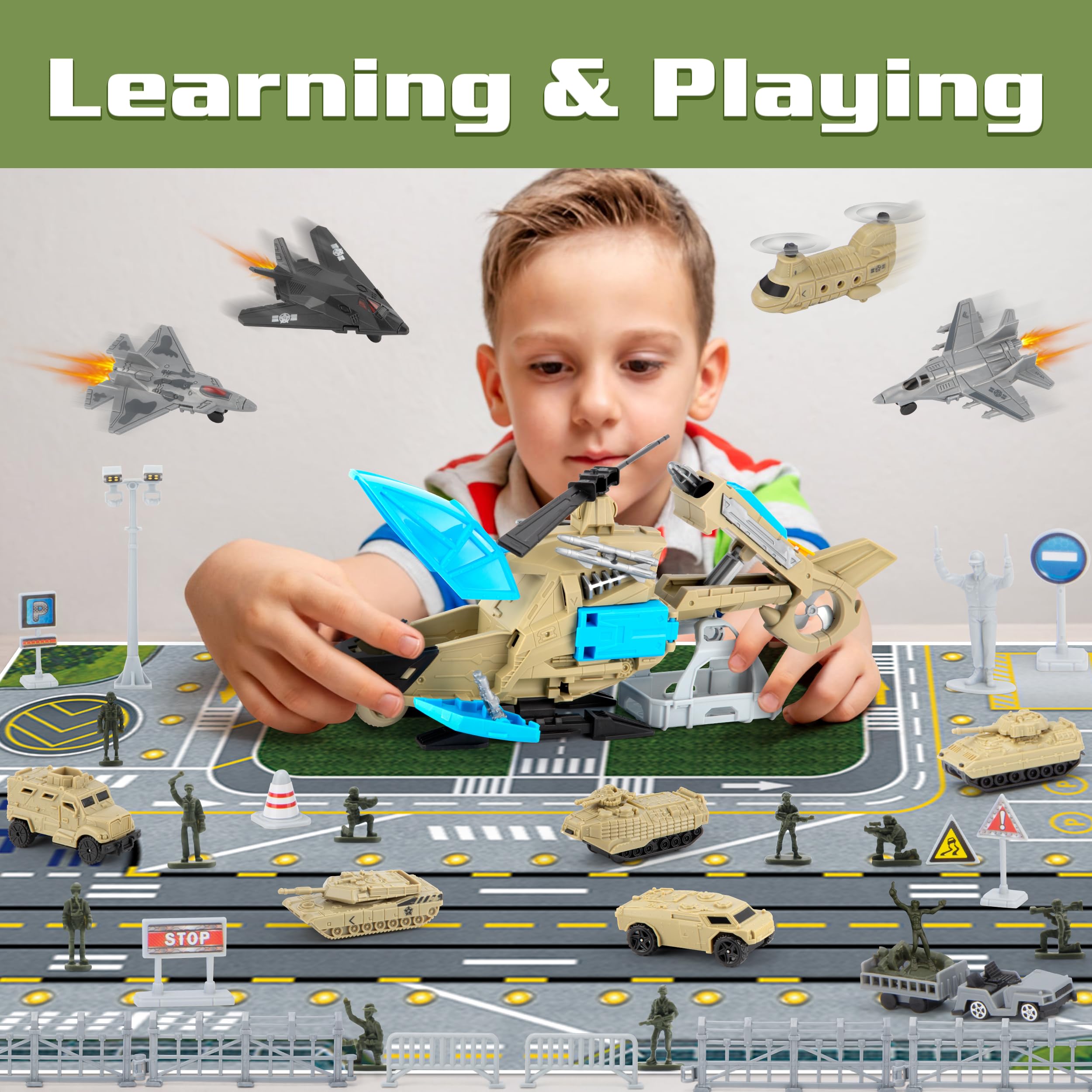 Juguetes militares de helicóptero, juego de juguetes del ejército con 10 vehículos, tanques, aviones, aviones, hombres del ejército y tapete de juego, regalo de cumpleaños para niños 7