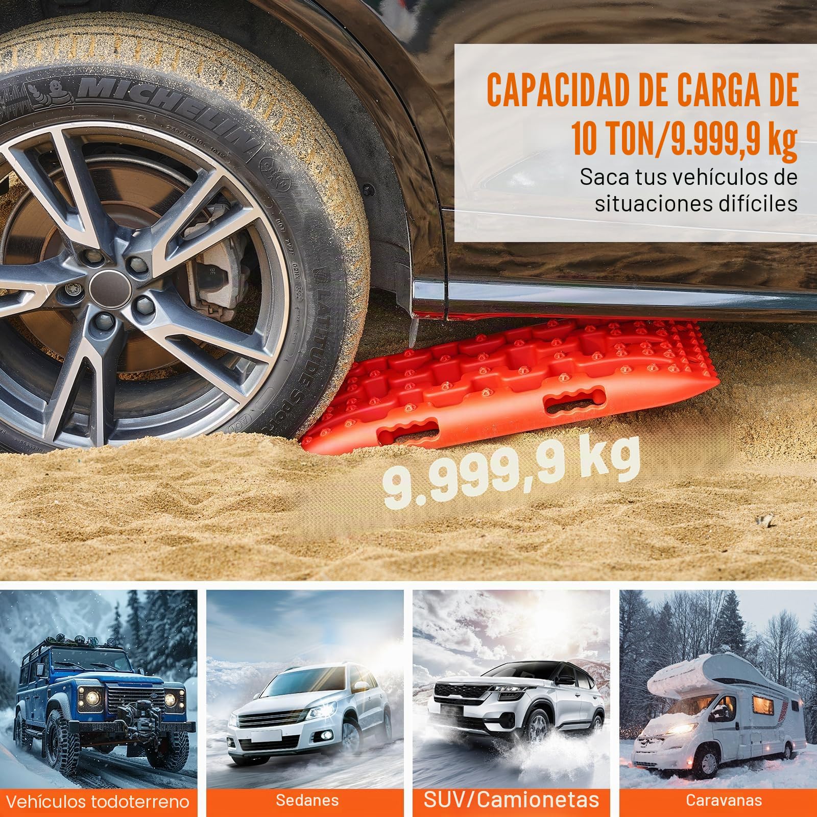 VEVOR Placa de Aterrizaje de PP 10 T Estera de Tracción para Todoterreno/Coche/Pick-up/SUV/RV Tabla de Recuperación de Arena y Lodo de Nieve Bolsa de Almacenamiento, Corta, Roja, 2 Piezas