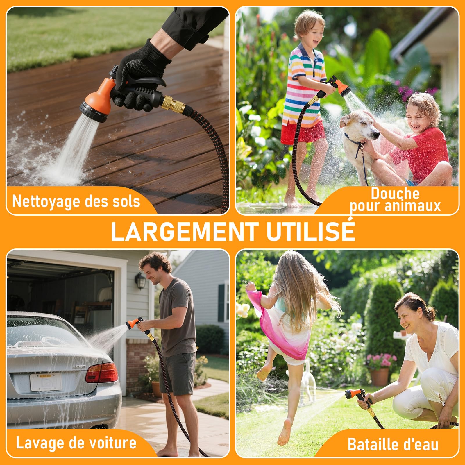 Manguera Extensible 30M/100FT, Manguera de Jardín Extensible Pistola de Riego con 8 Funciones Pistola Hose Con 3/4" y 1/2" Accesorios de aleación de zinc. el Riego de Plantas Hortícolas (Orange)