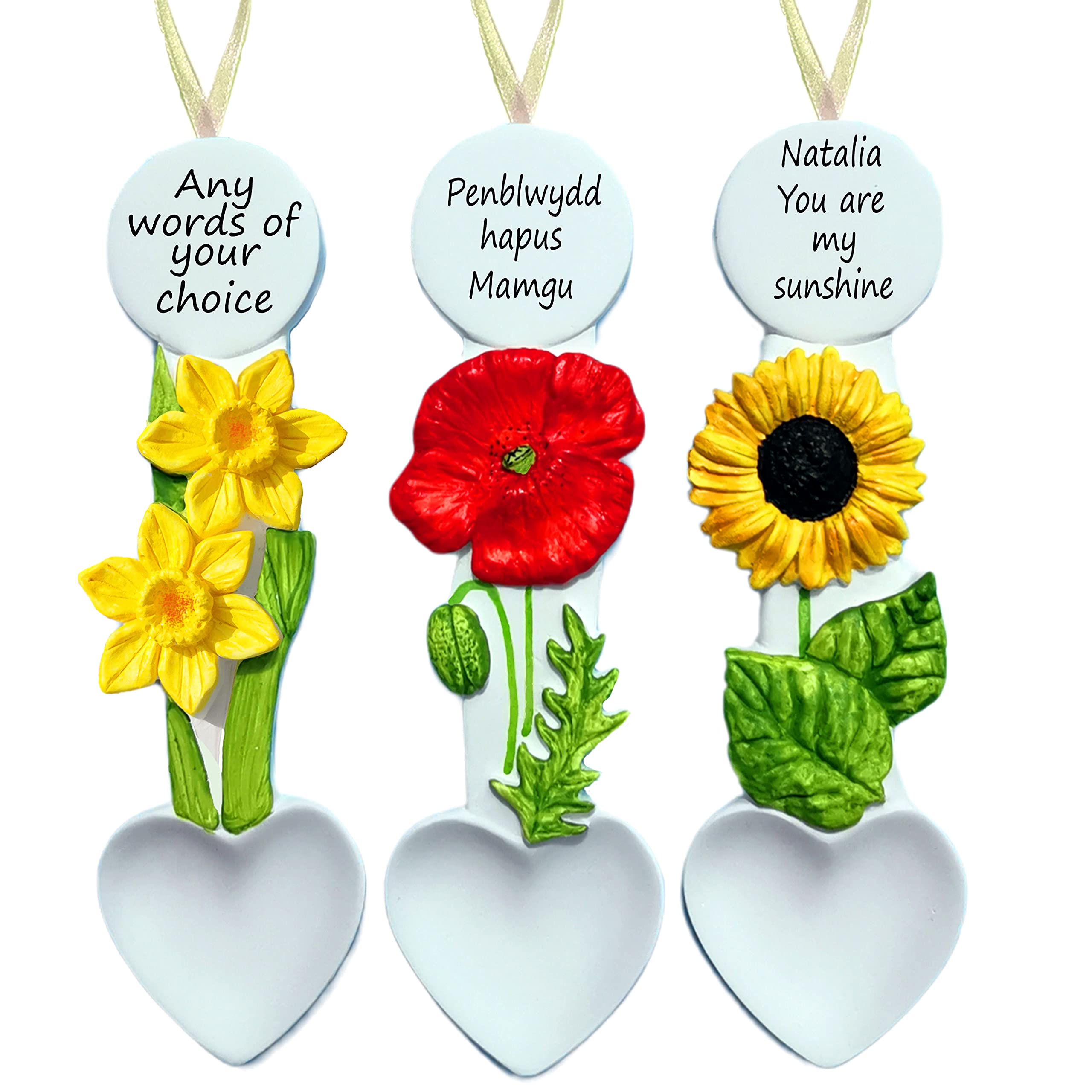 Personalised Welsh Love Spoon Daffodil, Welsh Lady, Poinsettia, Poppy, Sunflower Gift from Wales Penblwydd Hapus Happy Birthday
