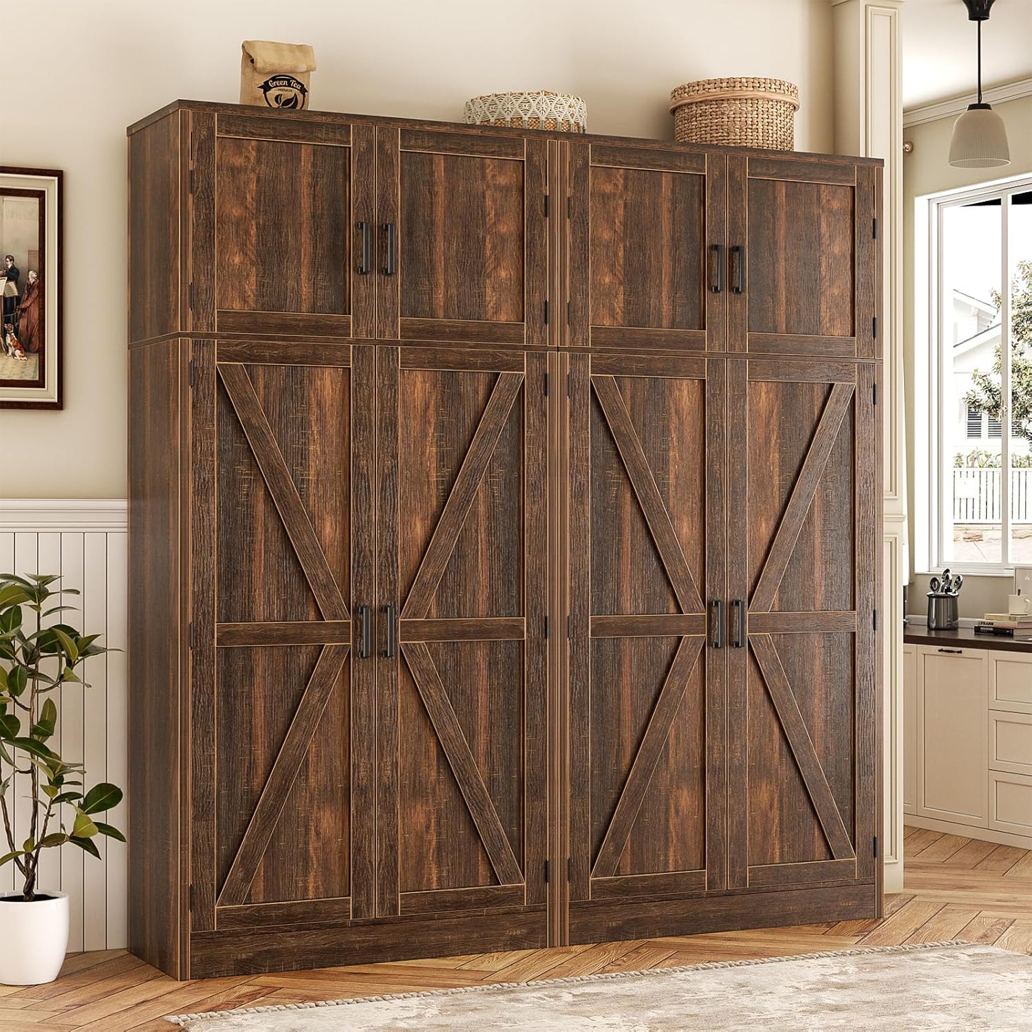 Unikito 71” Tall Storage Cabinet, Farmhouse Kitchen Pantry Cabinet with Adjustable Shelves and Barn Doors, Versatile Storage Cupboard for Dinning Room, Bathroom, Living Room, Weathered Brown, 2 Pack