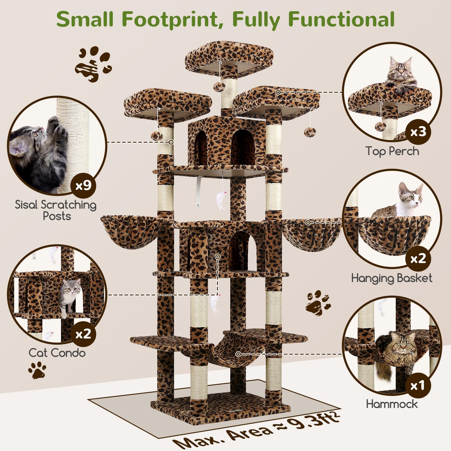 Globlazer Arbol Gato para 3-5 Gatos Leopardo XXL Alto 204 cm con 3 Perchas Acolchadas, 2 Nidos, 2 Cesta, Hamaca, Lujo Árbol Rascador para Múltiple Gatos Descansar Jugar Rascarse (F80, Leopardo)