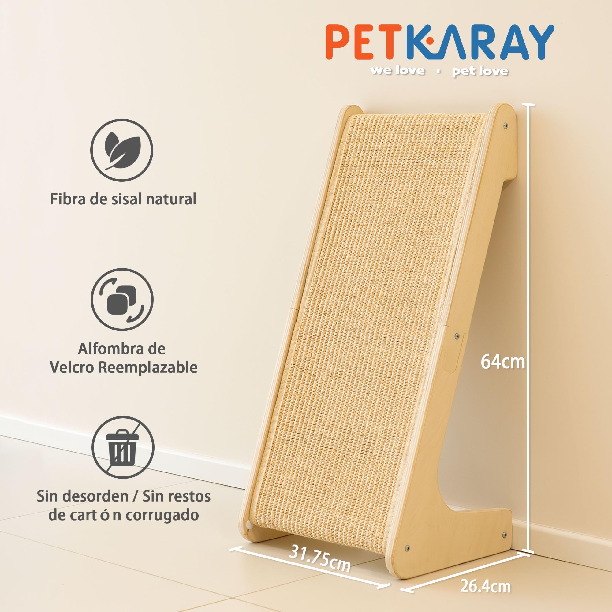 PETKARAY Rascador para Gatos de Sisal con Forma de L y Doble Uso, Poste Rascador de Sisal Natural de 64 cm, Protector de Muebles con Catnip, Diseño Clásico