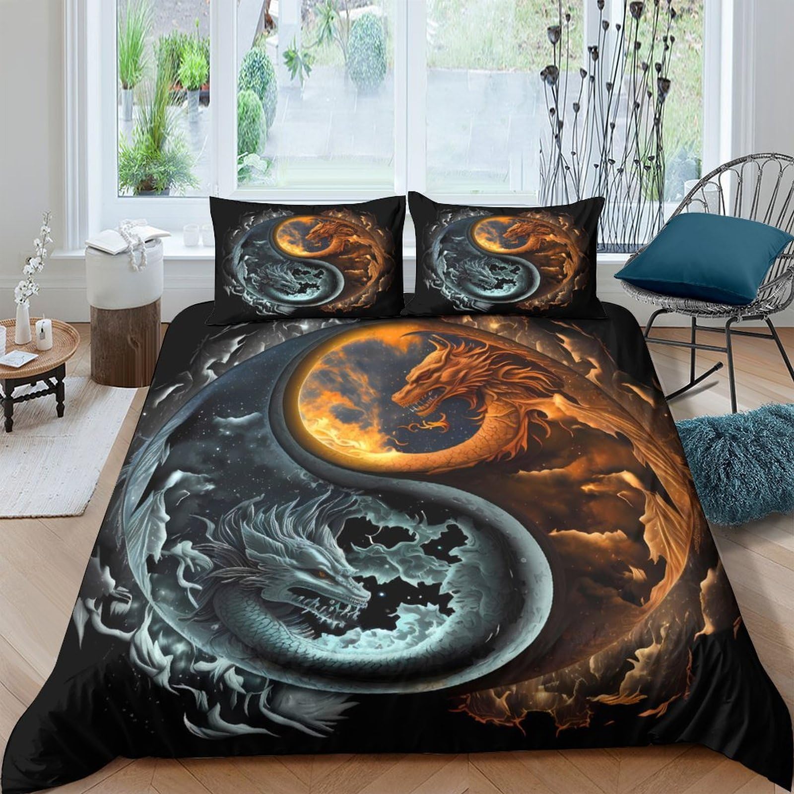 Ctjqhvkz Style-4 3D Printed Yin Yang Dragon Fitted Sheet Microfiber Soft Breathable Fire Ice Bed Cover For Bedroom Home Decor Single（135X200cm）