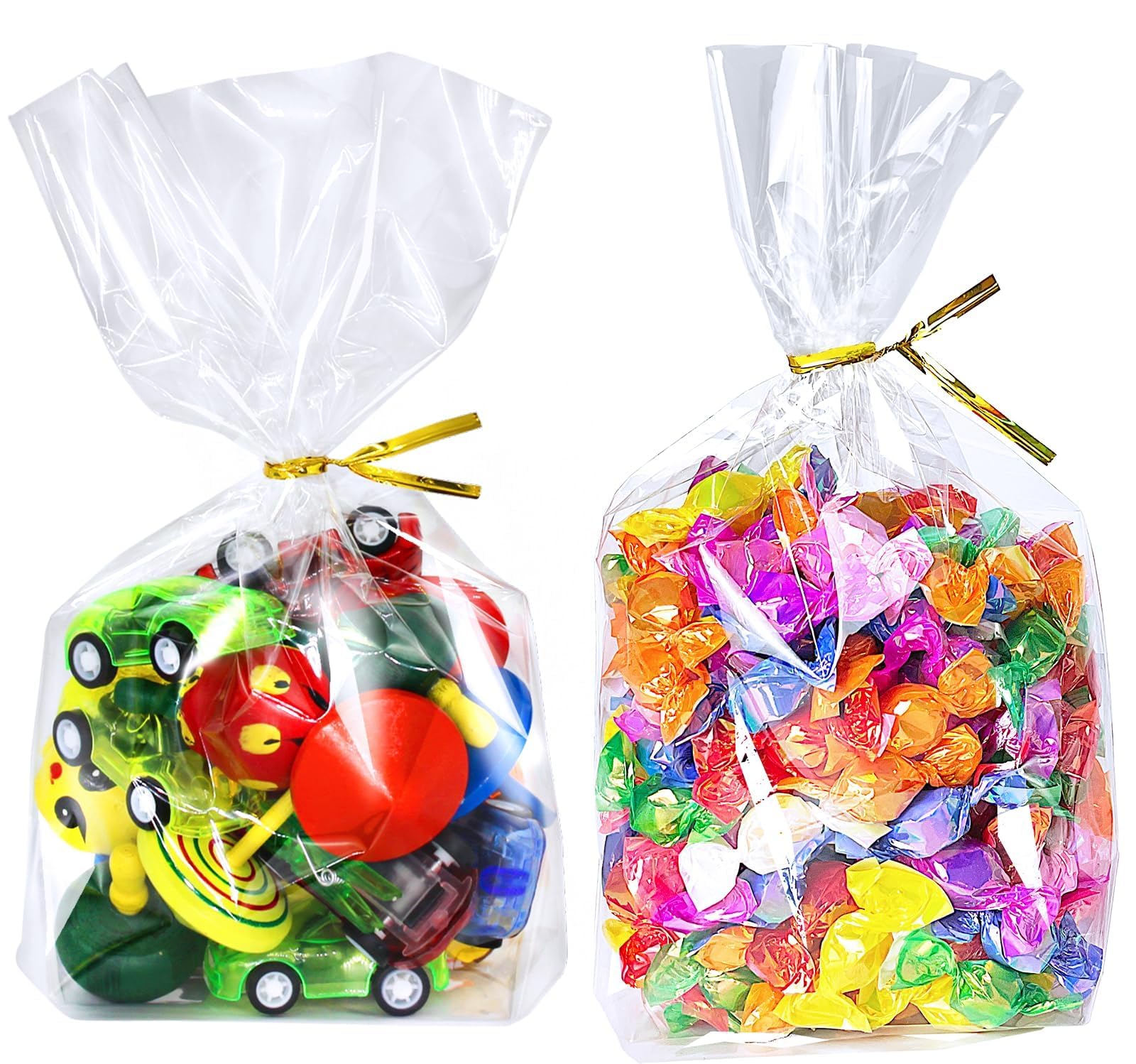 PigPotParty Cellophane Treat Bags 6"x9", 100 Pack Clear Goodie Bags, Bottom Gusset for Stand-Up Display, Small Plastic Gift Wrap for Cookies, Candy, Party Favors, Popcorn, Includes 100 Gold Ties