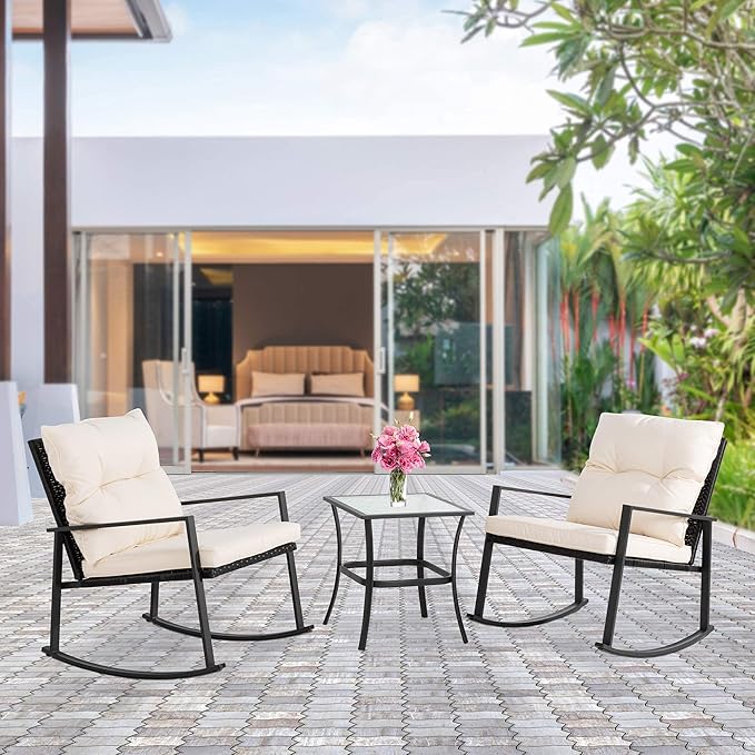 JY QAQA Outdoor 3Piece Rocking Bistro Set, Patio Wicker