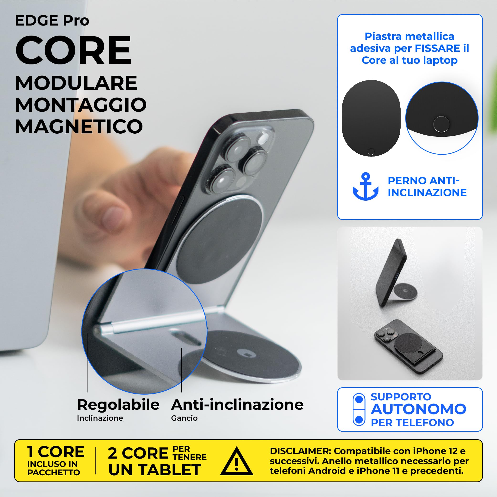 Rolling Square Edge Pro Core - Sostegno Magnetico per Tablet e Cellulare, Accessorio per Smartworking e Produttività, Compatibile con Magsafe, Nero
