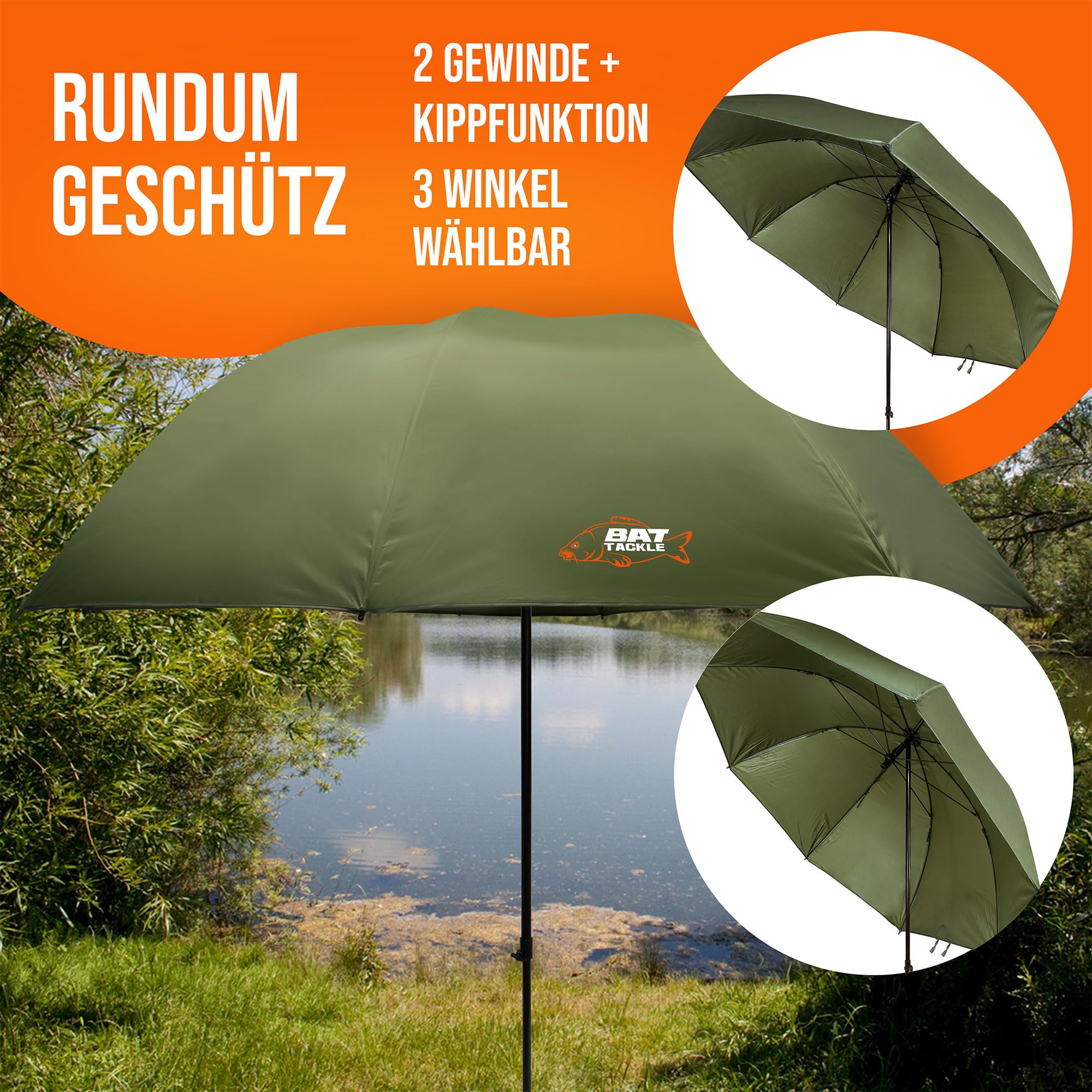 Nubrolly Angelschirm – Wasserdichtes PVC – 250cm oder 300cm Bogenmaß – 45° Neigungswinkel – Robuster Schirm für Angler – Inkl. Aluminiumstange – Sturmfest & UV-Schutz – Olivgrün