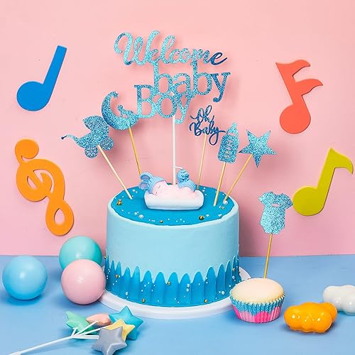 Miniatura 4 de Gersoniel 36 adornos para cupcakes con purpurina para baby shower en 6 estilos, 1 adorno de bienvenida para pastel de bebé, 1 vela para dormir,