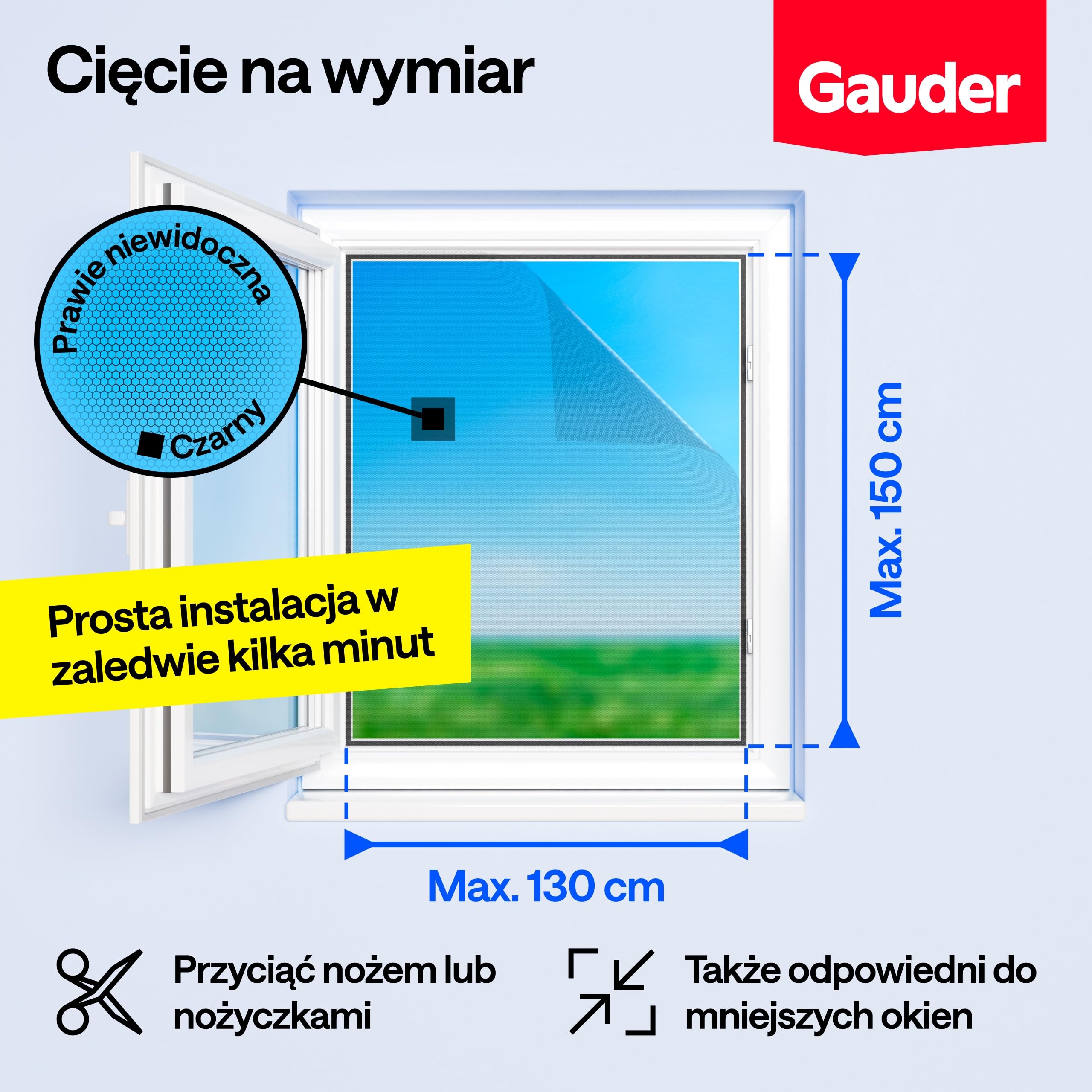GAUDER Siatka na Okno Przeciw Owadom - Moskitiery Samoprzylepne z Taśmą Rzepową - Gęsta Siatka na Komary Bez Wiercenia - Ochrona Okna przed Owady (130 x 150 cm - Czarna)